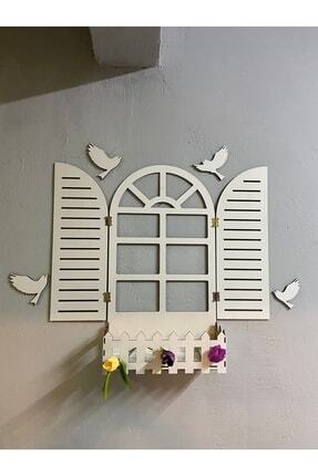 BEYAZ PANJUR KUŞLU PENCERE TEMALI ÇİÇEKLİK AHŞAP MDF LAZER KESİM 3MM DUVAR SÜSÜ Image 0
