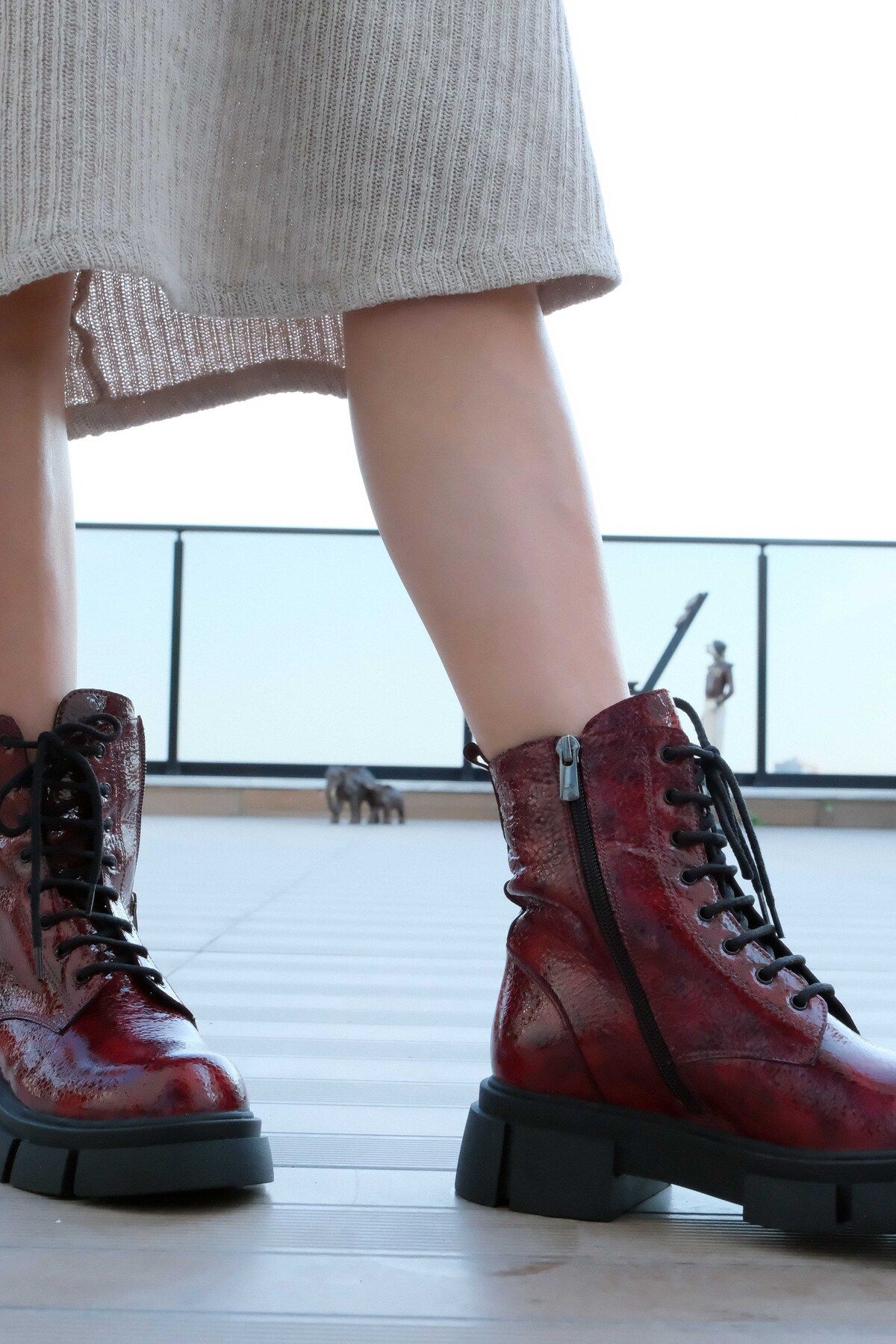 FOLL N Women s Burgundy Patent Leather Genuine Leather Boots
