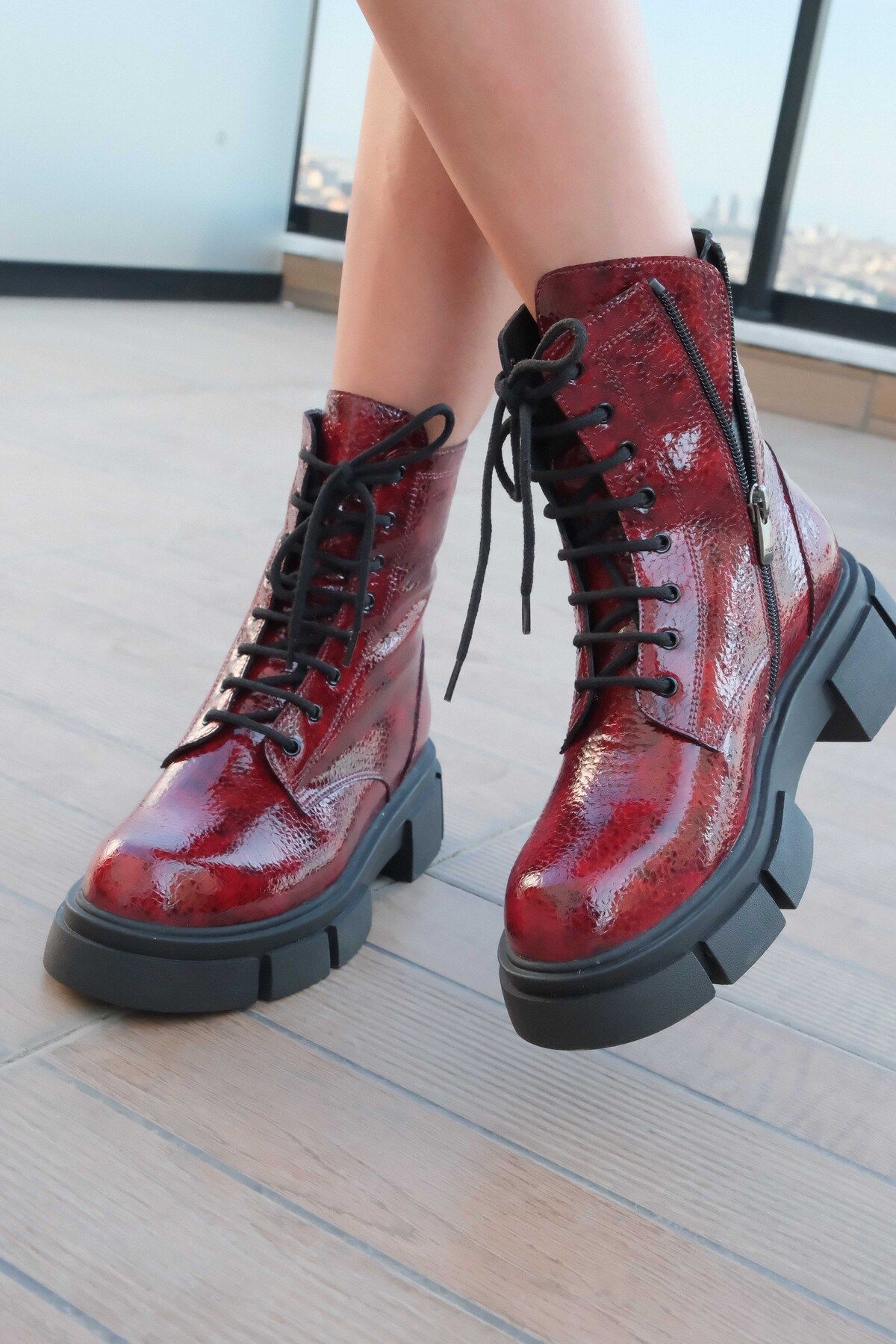 FOLL N Women s Burgundy Patent Leather Genuine Leather Boots