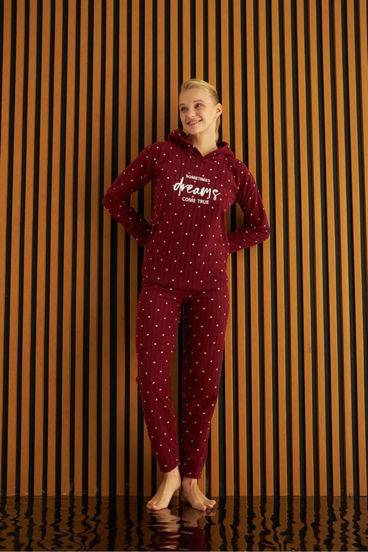 Meba Women's Heart Pattern Hooded Winter Pajamas Pajama Set Claret Red -11  - Trendyol