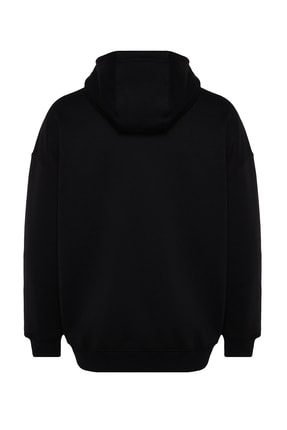 Siyah Oversize/Geniş Kesim Fermuarlı İçi Polar Kapüşonlu Sweatshirt-Hırka TMNAW24SW00049 Image 6