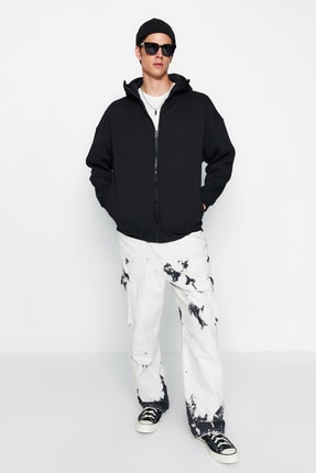 Siyah Oversize/Geniş Kesim Fermuarlı İçi Polar Kapüşonlu Sweatshirt-Hırka TMNAW24SW00049 Image 1