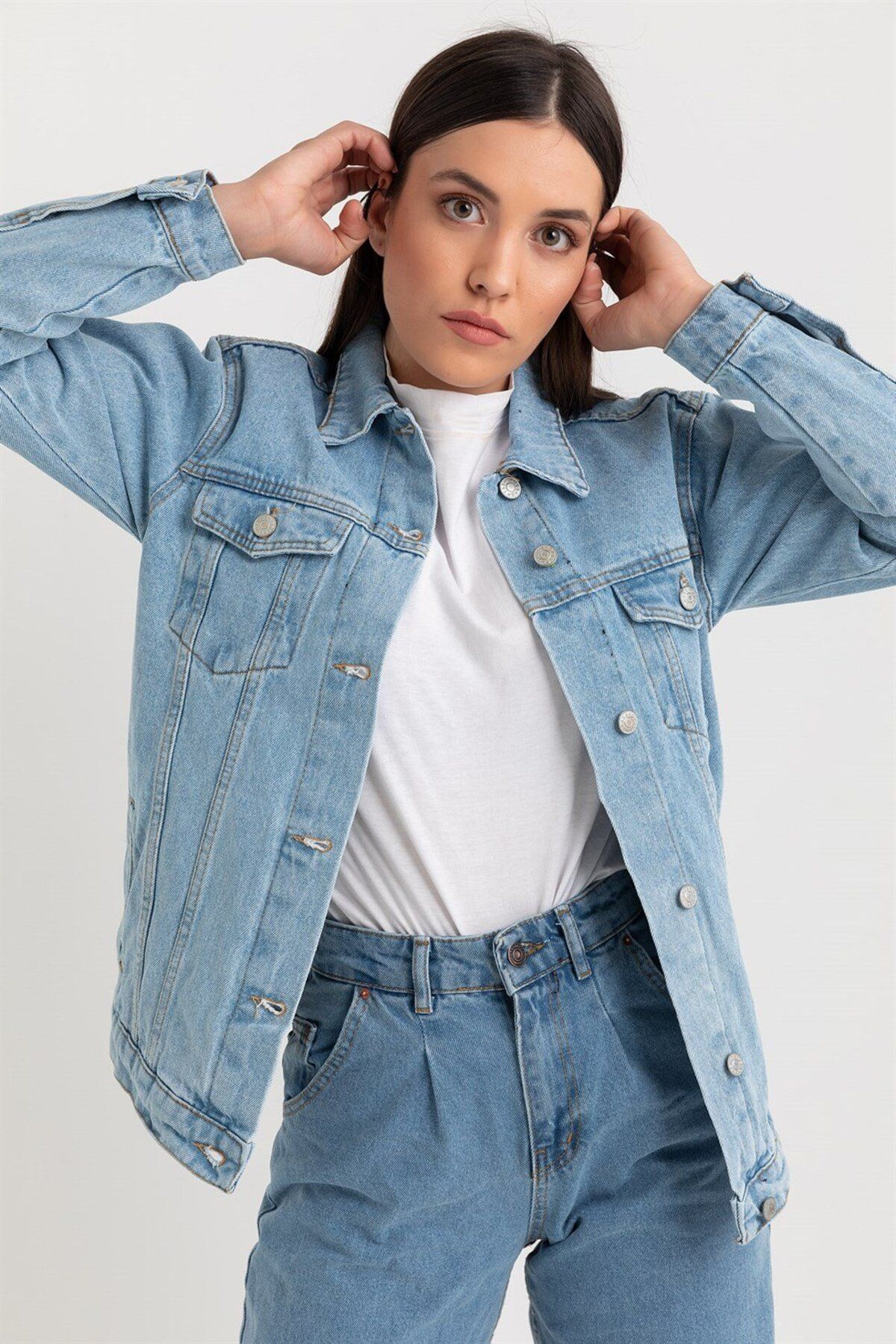 MAKRAS EXCLUSIVE Snow Wash Light Blue Crop Denim Jacket