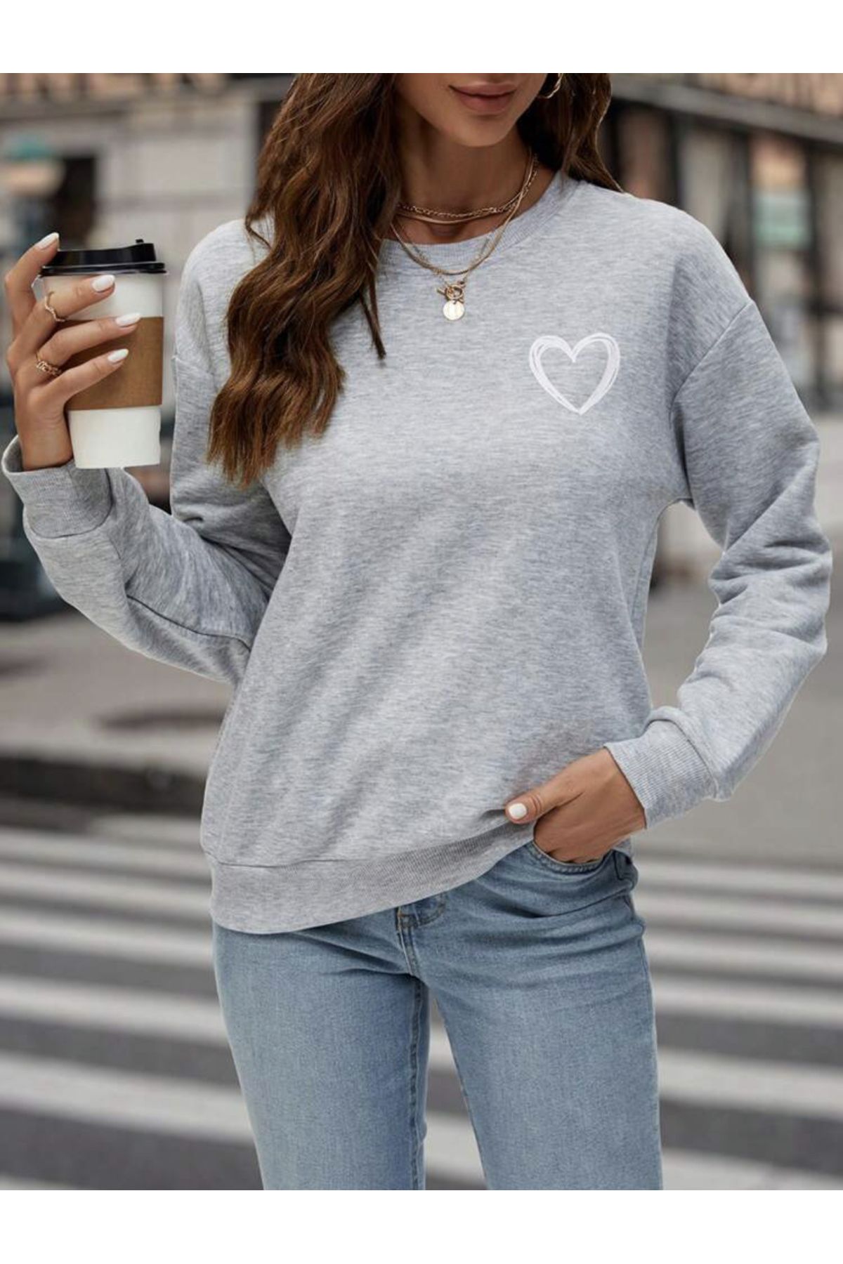 ModaMaine Women s Small Heart Printed Gray Oversize Sweatshirt
