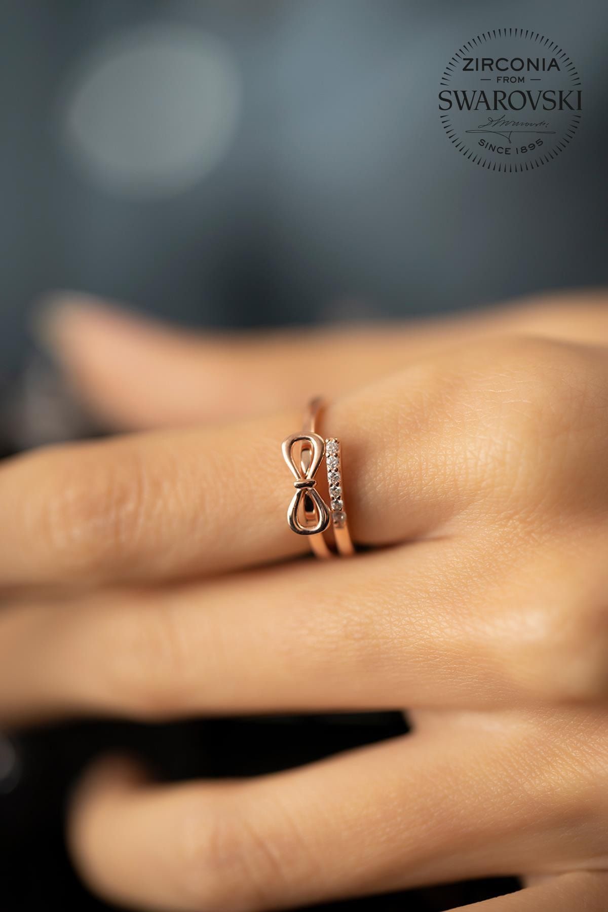 Ninova Silver Kadın Swarovski Taşlı Fiyonk Model Rose Kaplama Gümüş Yüzük PKT-SBS0639