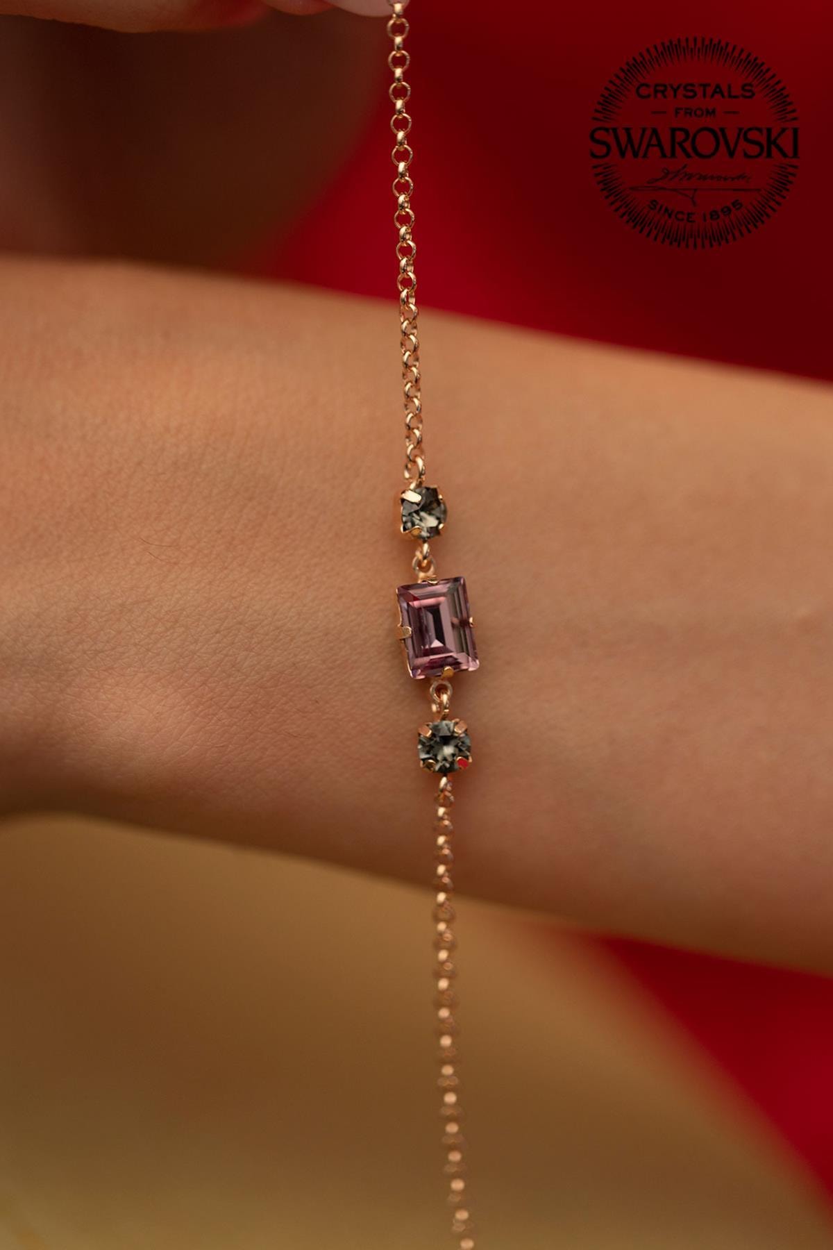 Ninova Silver Kadın Swarovski Taşlı Baget Model Rose Kaplama Gümüş Bileklik PKT-SBS0380
