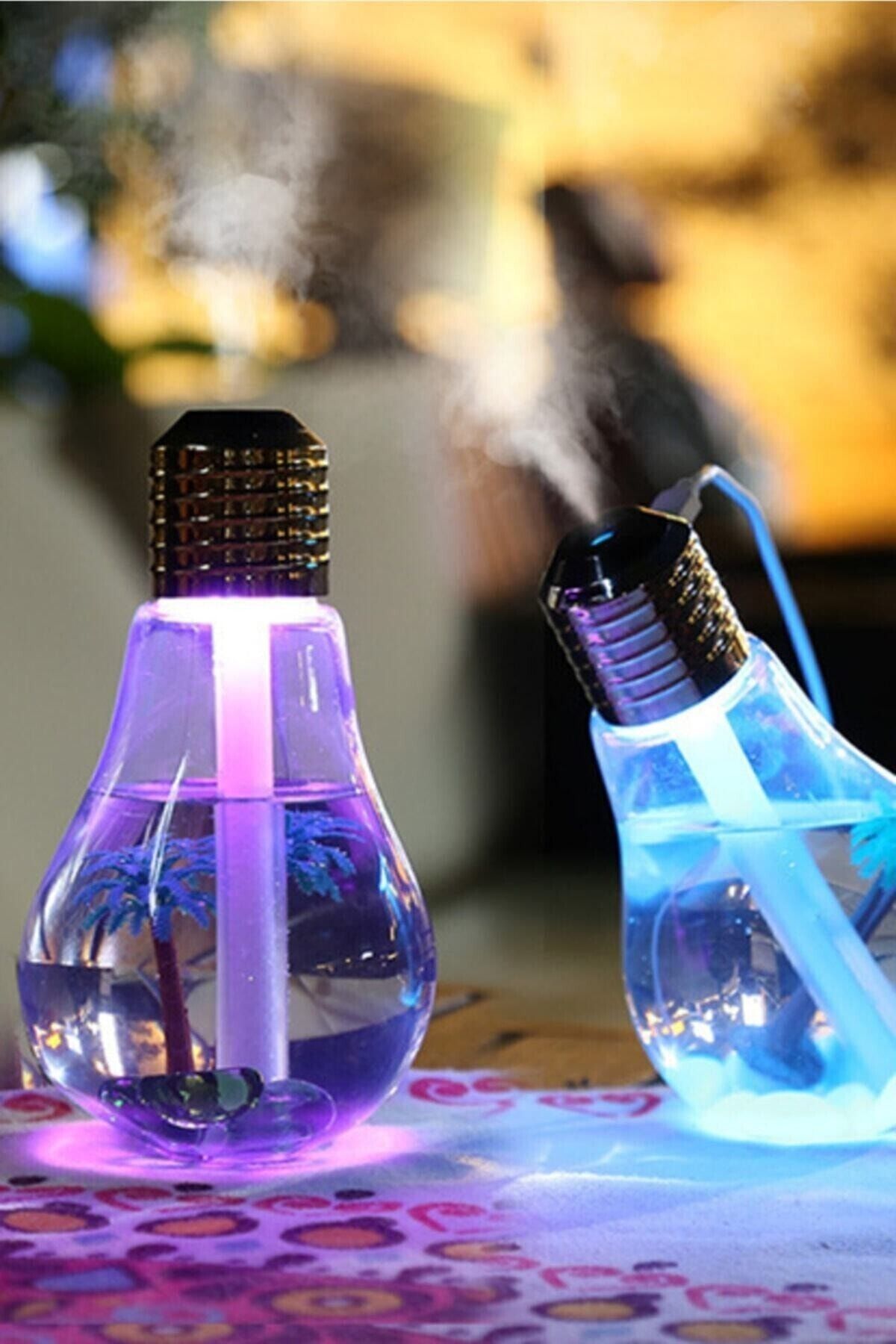 Markafox Mb Ampul Şekilli Oda/hava Nemlendirici Usb Su Hazneli Sıcak Soğuk Buharlı 7 Led Işıklı Gece Lambası