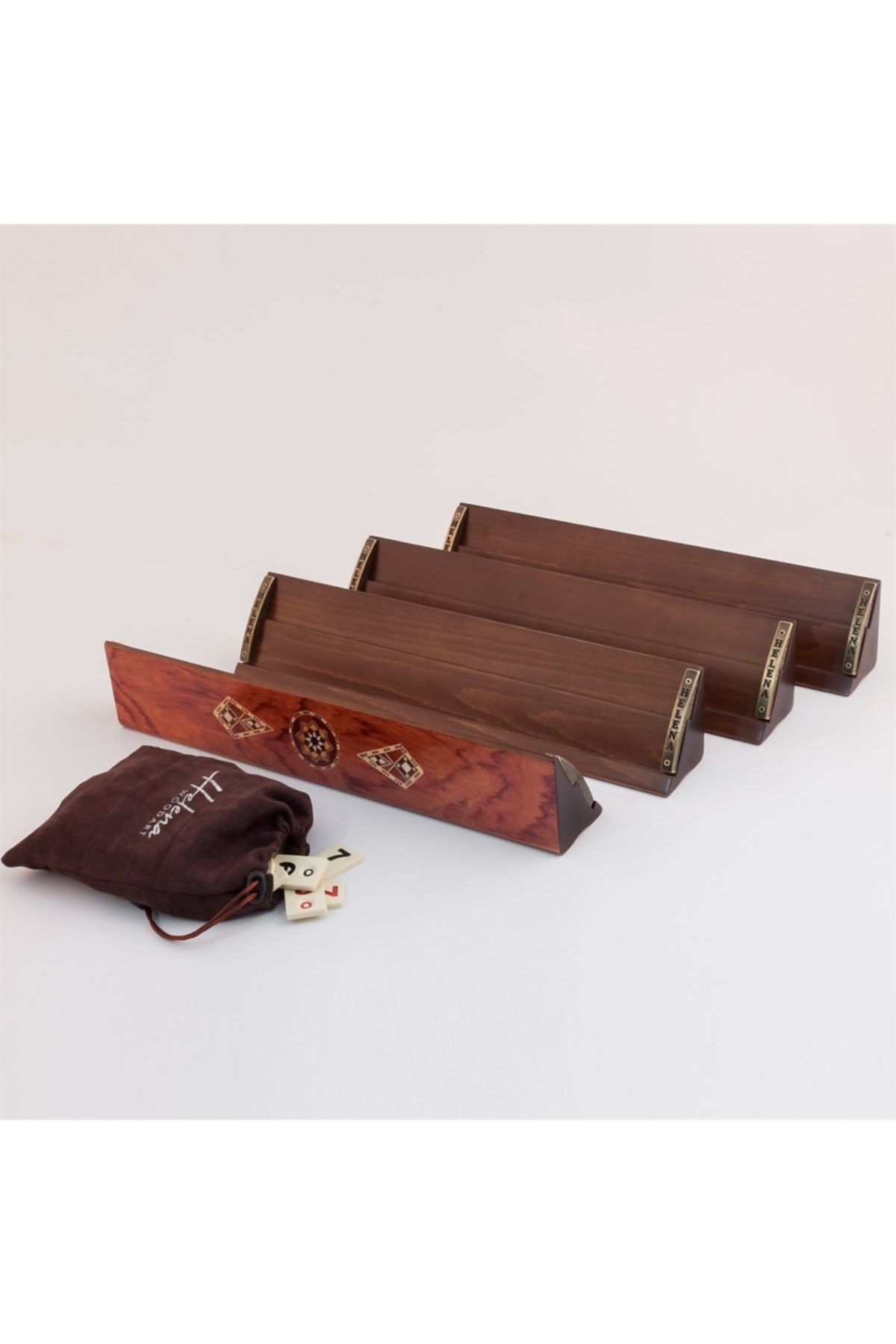 Helena Wood Art Kardelen El Yapımı Masif Ahşap Okey Takımı Mozaikli Gül