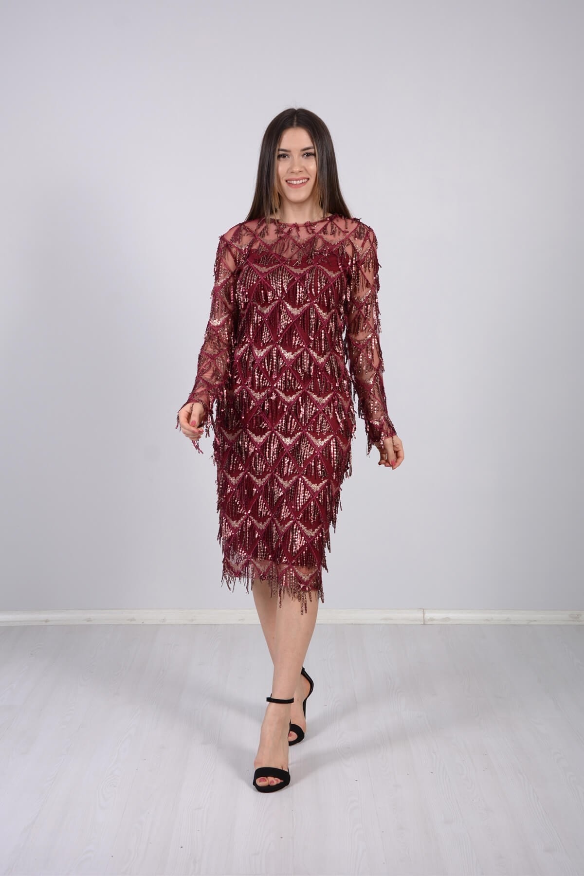 giyimmasalı Saçaklı Kalem Elbise - Bordo