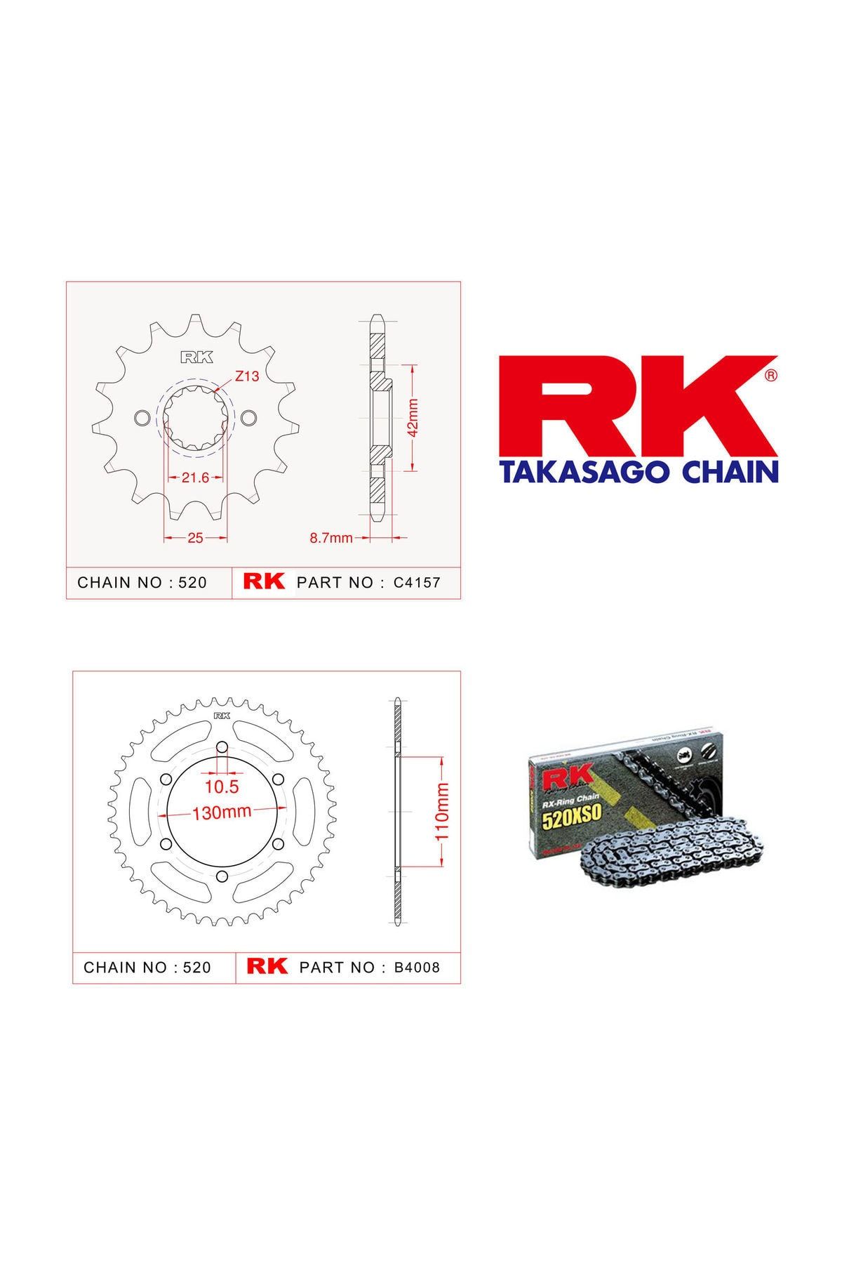 RK Kawasaki Ex 250 R Nınja Rk X-Ring Zincir Dişli Set 520 Xso-14/43T(2008-2011)