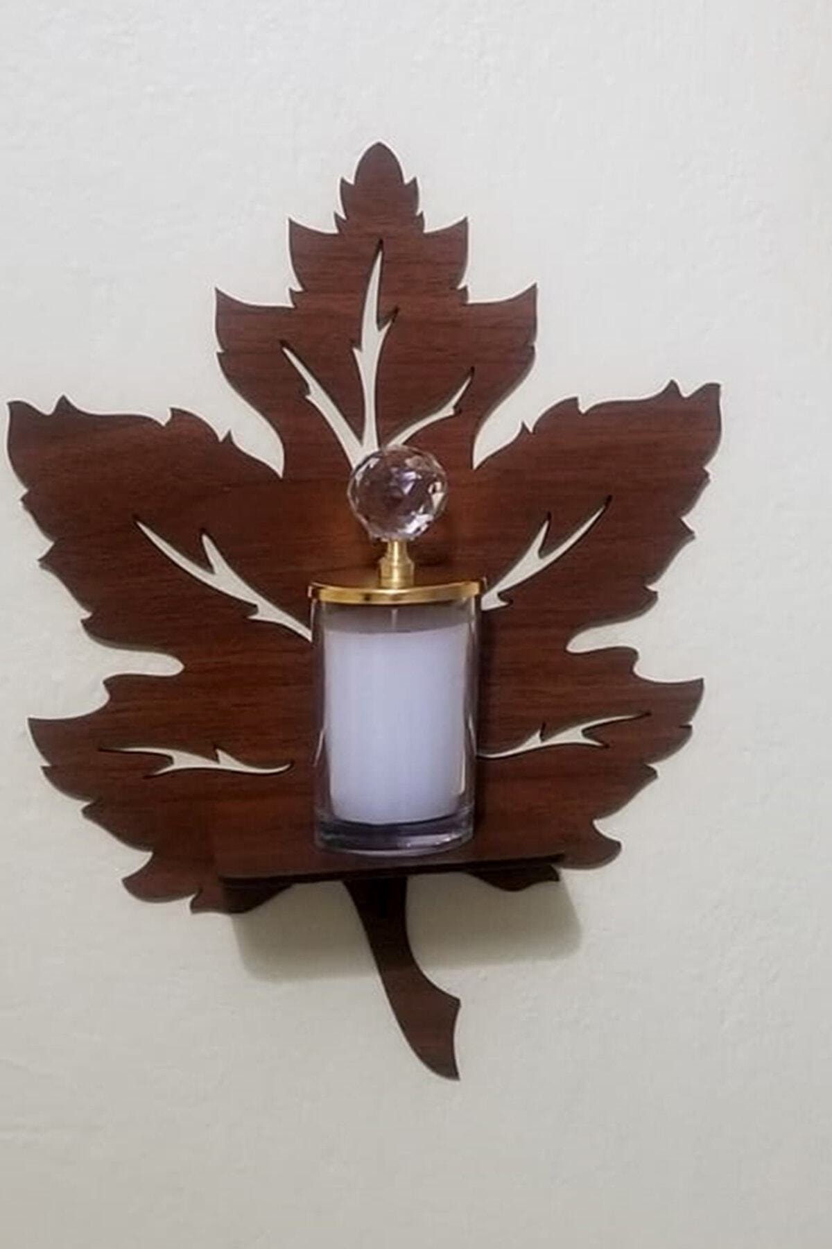 Alshop Ahşap Duvar Süsü Rafı Yaprak Mumluk Duvar Dekoru Aplik Tablo Obje 30x23