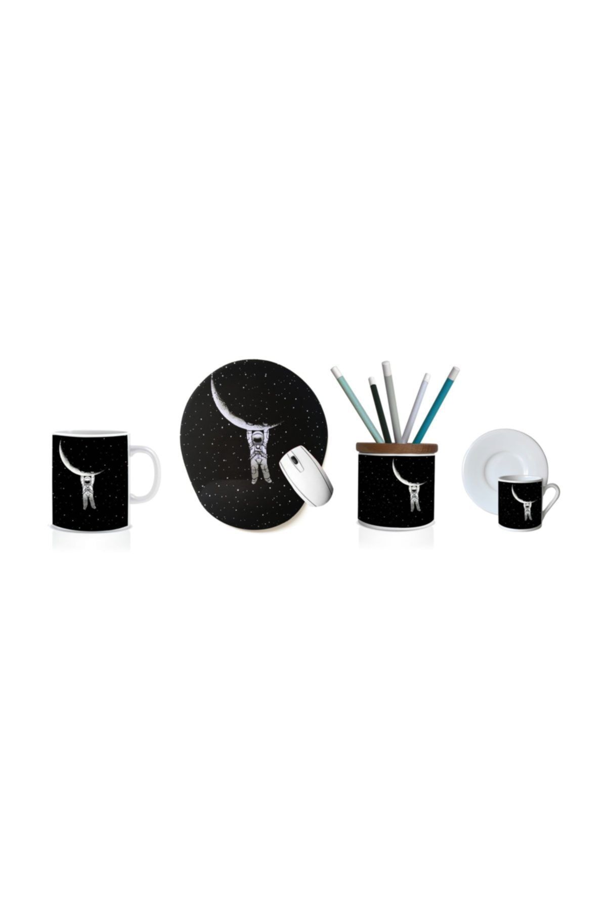Officeküp Officekup Masa Seti: Bilek Destekli Mousepad & Kupa & Kahve Fincanı & Kalemlik - Astronot
