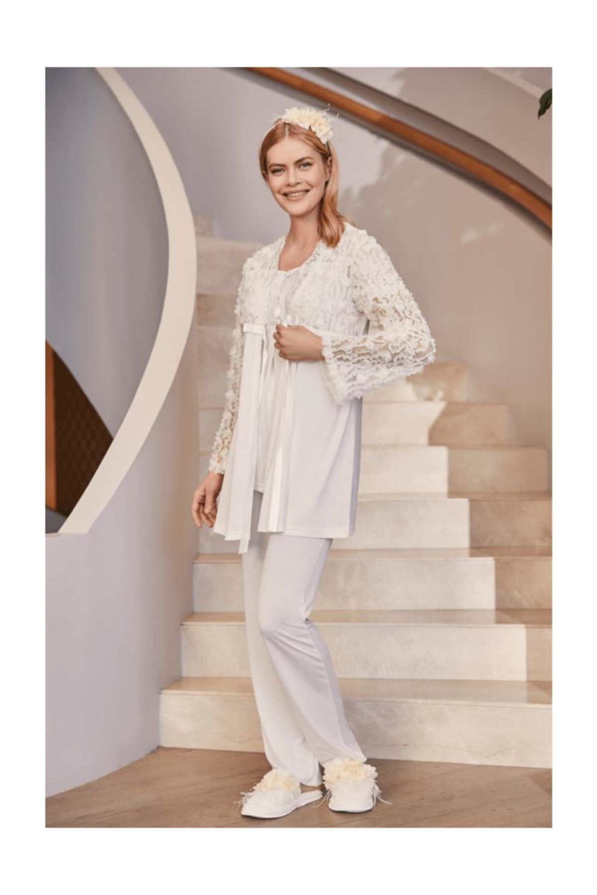 Mecit 5206 Ecru Güllü Tüllü 3 Lü Lohusa Pijama Takımı