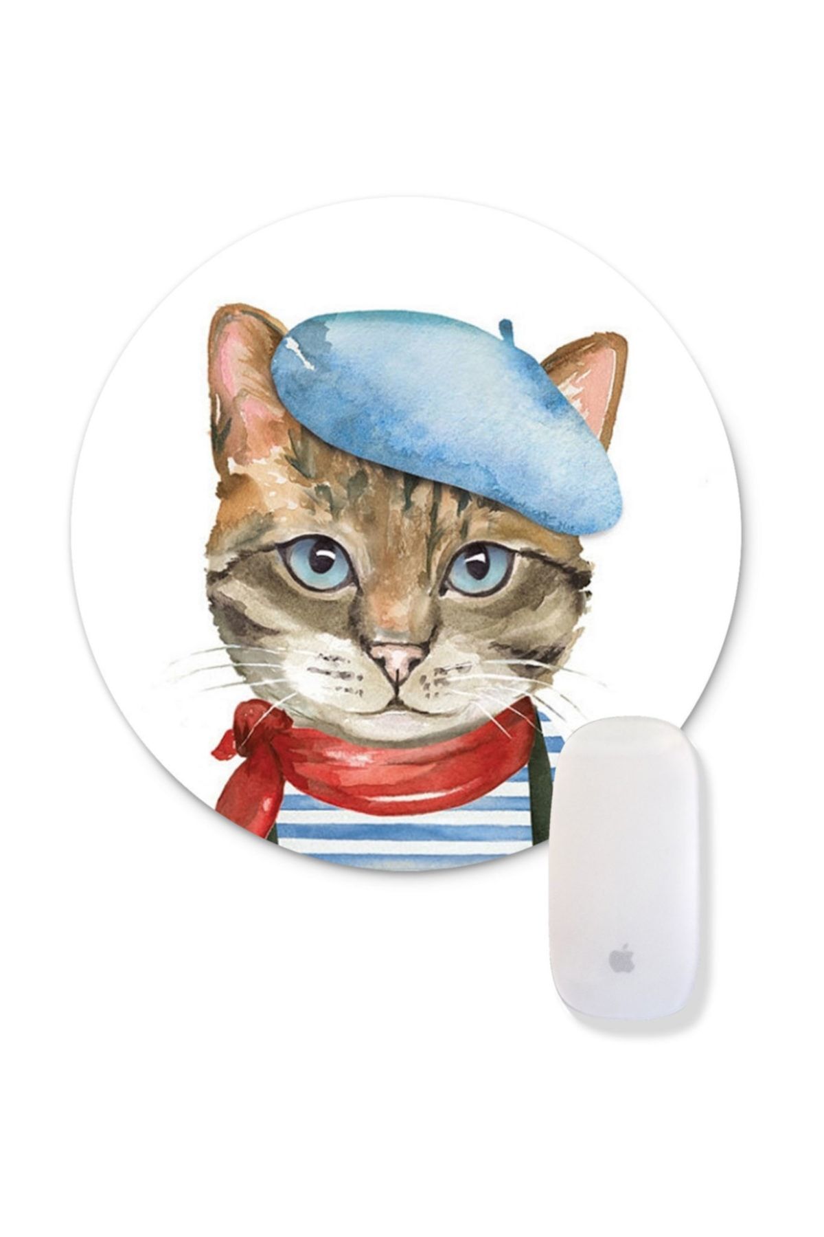 Bi Tıkla Gelsin Fularlı Kepli Ressam Kedi Illüstrasyon Baskılı Yuvarlak Mouse Pad - Anı060y