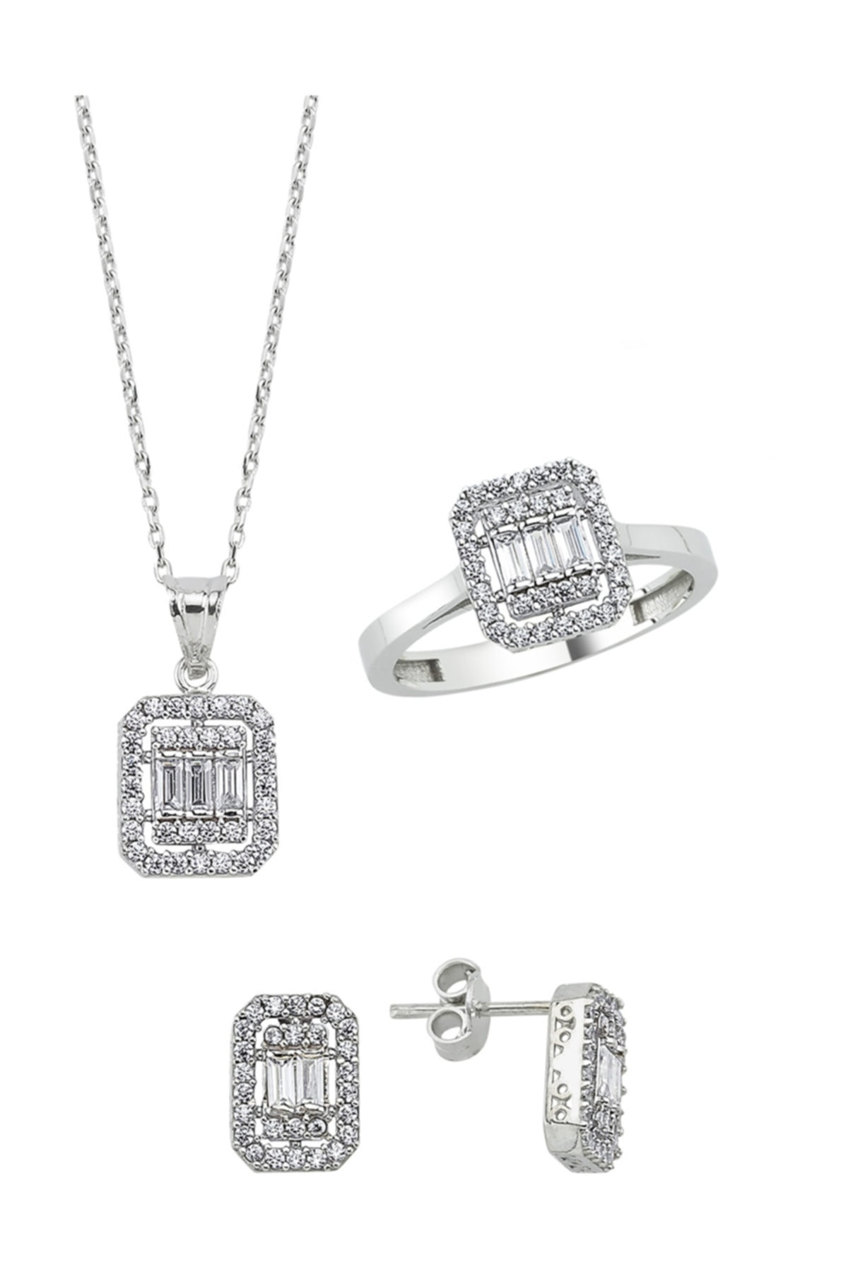 MOS Kadın Gümüş  3'lü Tek Taş Set(6.3gr-kolye-küpe-yüzük)