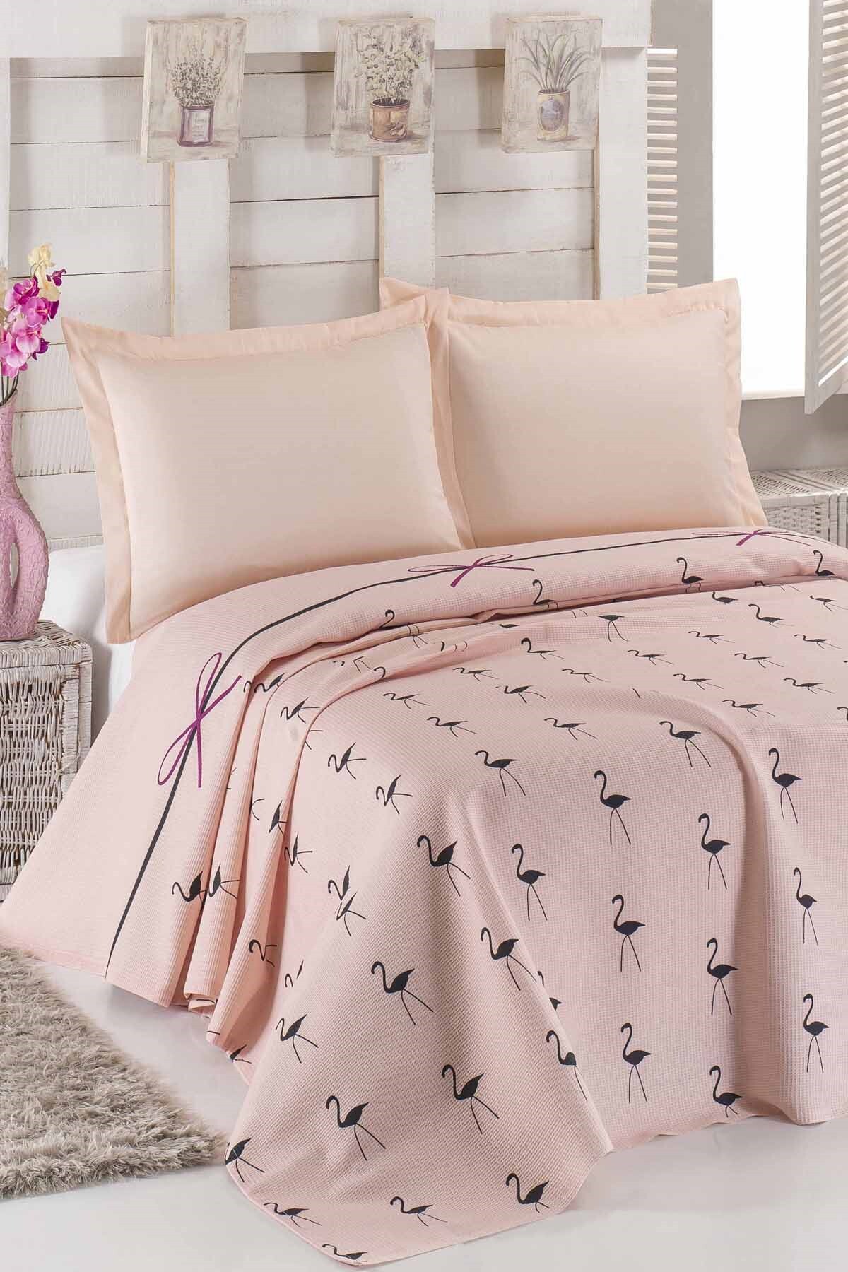 Ev & Ev Home Tek Kişilik Doğal Pike Baskılı Flamingo Pudra