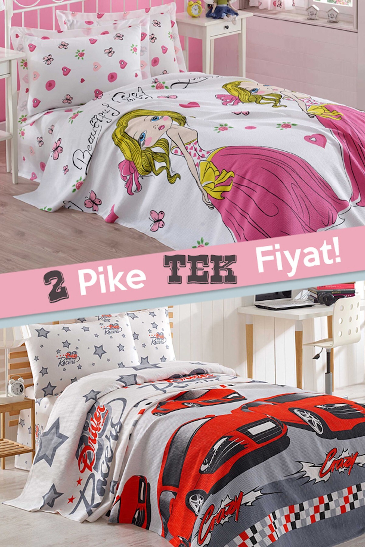 Ev & Ev Home 2li Pike Tek Kişilik Crayz-Gırl Kırmızı-Beyaz