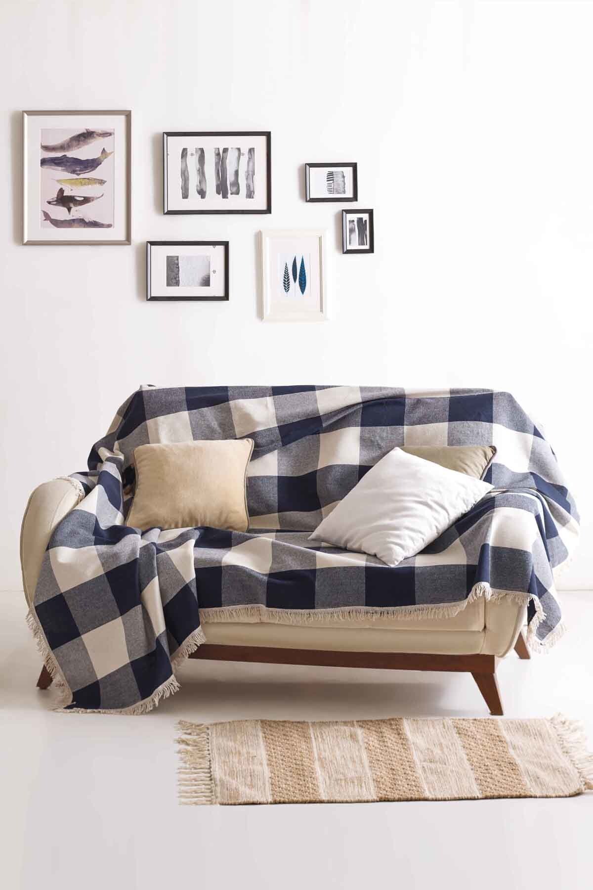 Ev & Ev Home Tek Kişilik Naturel Koltuk Örtüsü Dama Lacivert Ep-014362