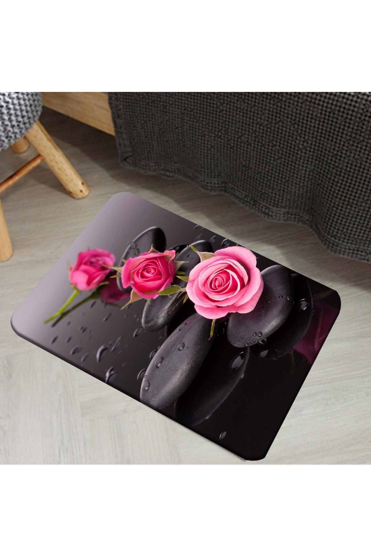 Else Halı 50X80 Canel Siyah Pembe Güllü Spa Taş Dekoratif Ev Içi Kapi Önü Paspasi