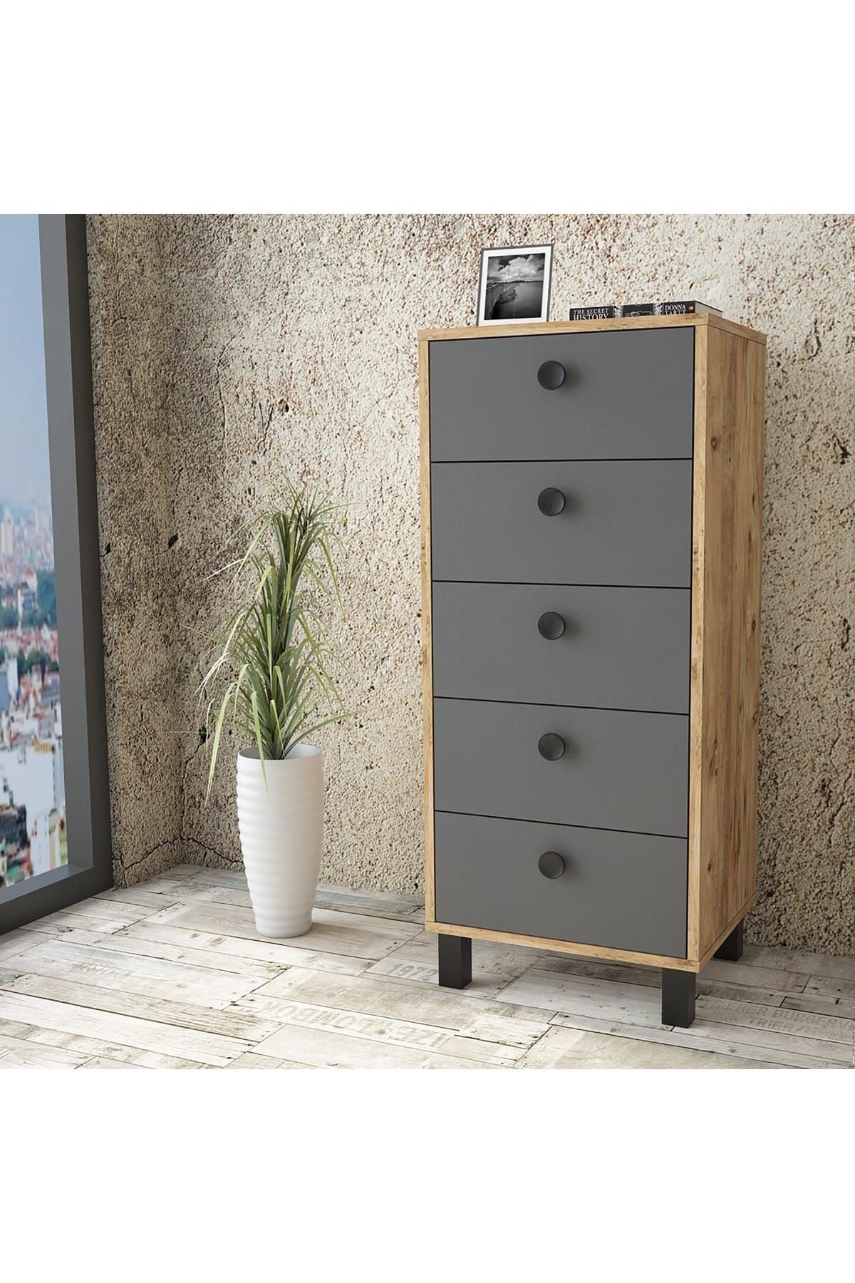 Yurudesign Vilamo Komodin Ahşap Ayak, 5Çekmece, Çam-Antrasit-Siyah VL75-228