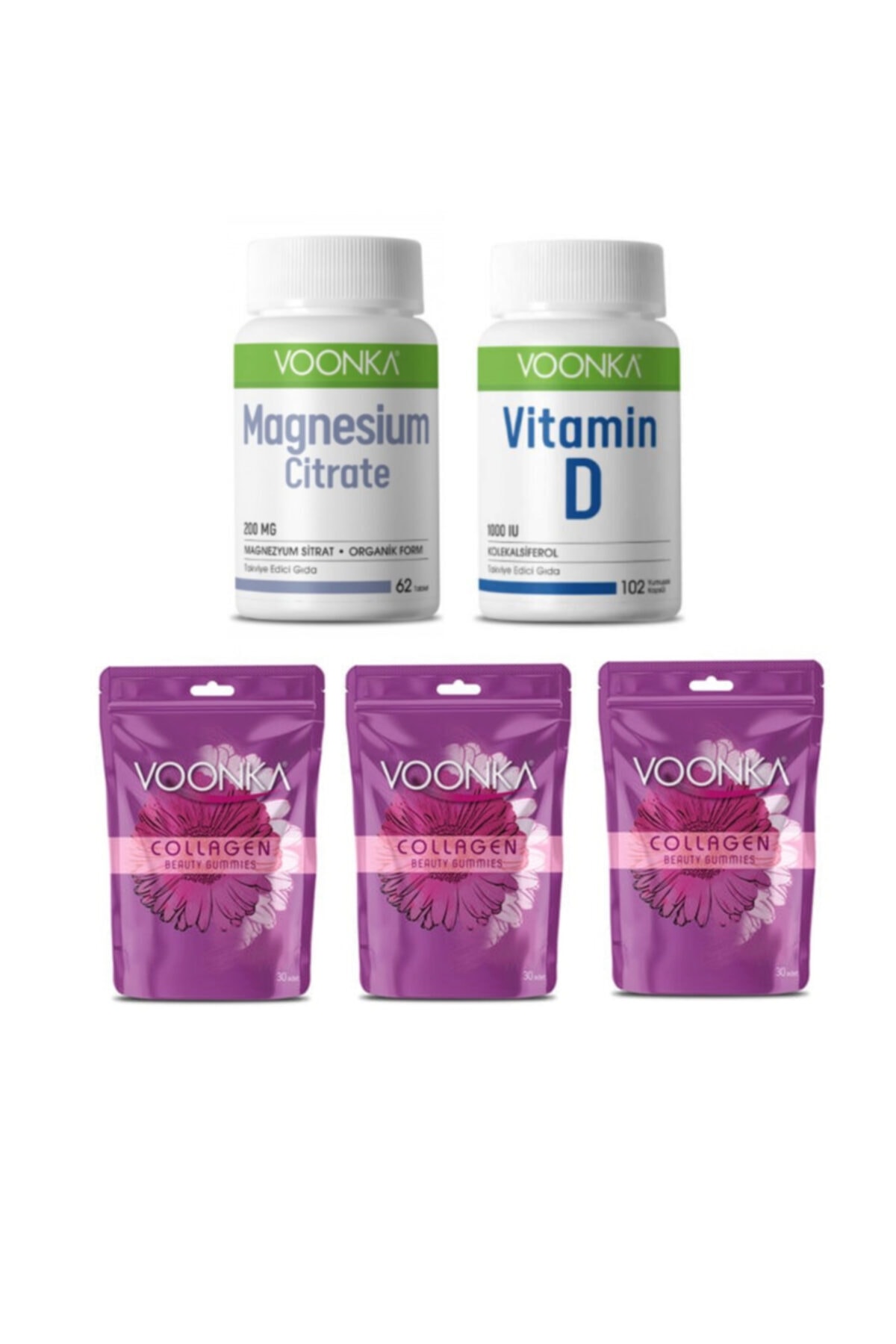 Voonka Collagen Beauty Gummies 30 Çiğnenebilir Tablet X3 Adet D Vitamini 102 Kapsül Magnezyum 62 Tablet