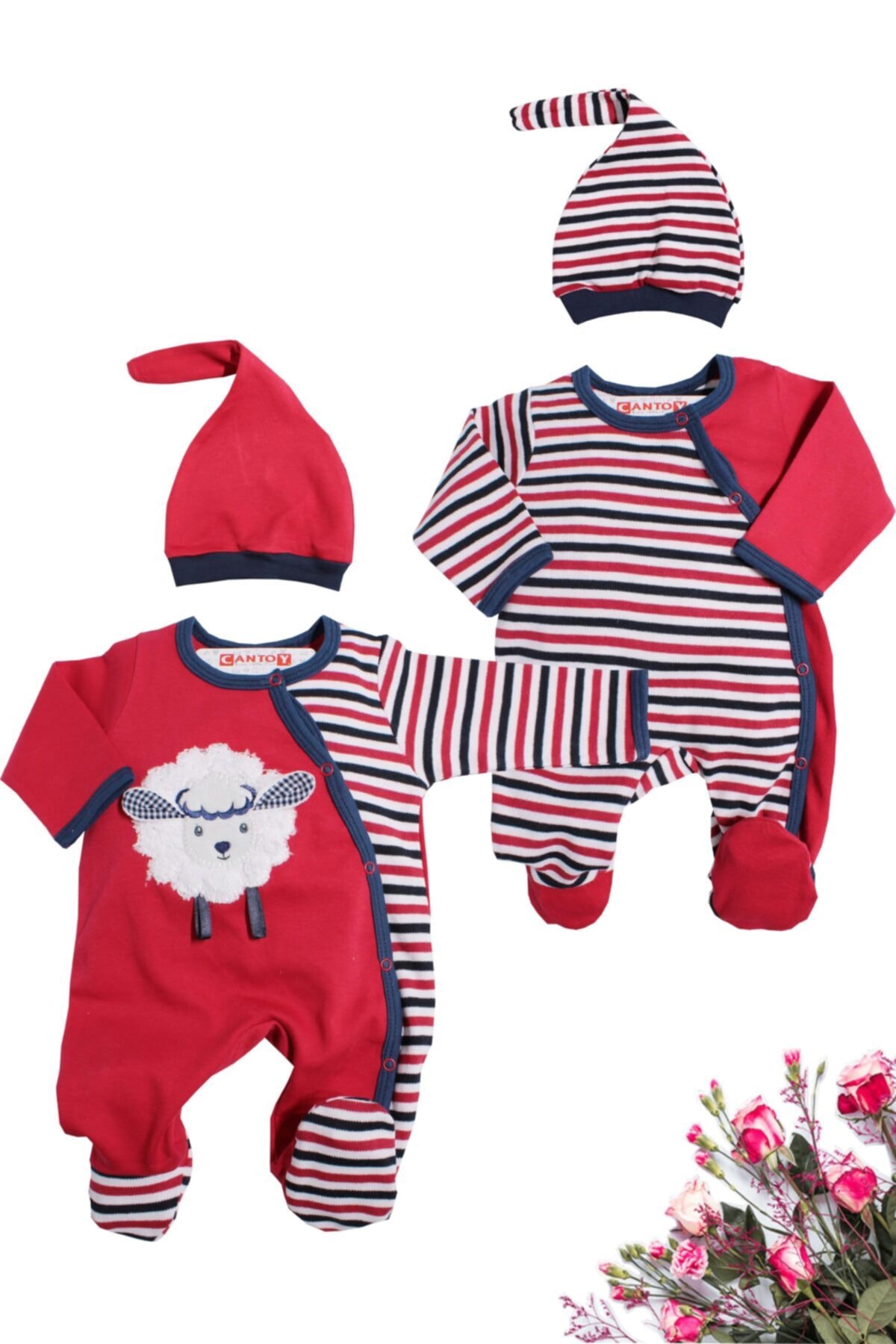 Cantoy Unisex Bebek Kuzu Desenli Çizgili Tulum-şapka Takım 2'li