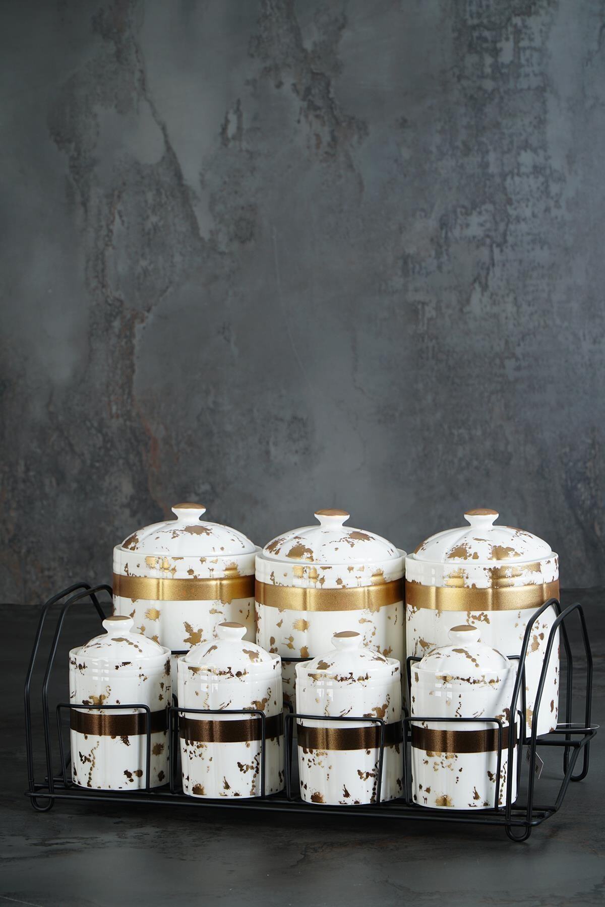 Acar Plus Beyaz Boya Desen Porselen Metal Standlı Baharat Takımı