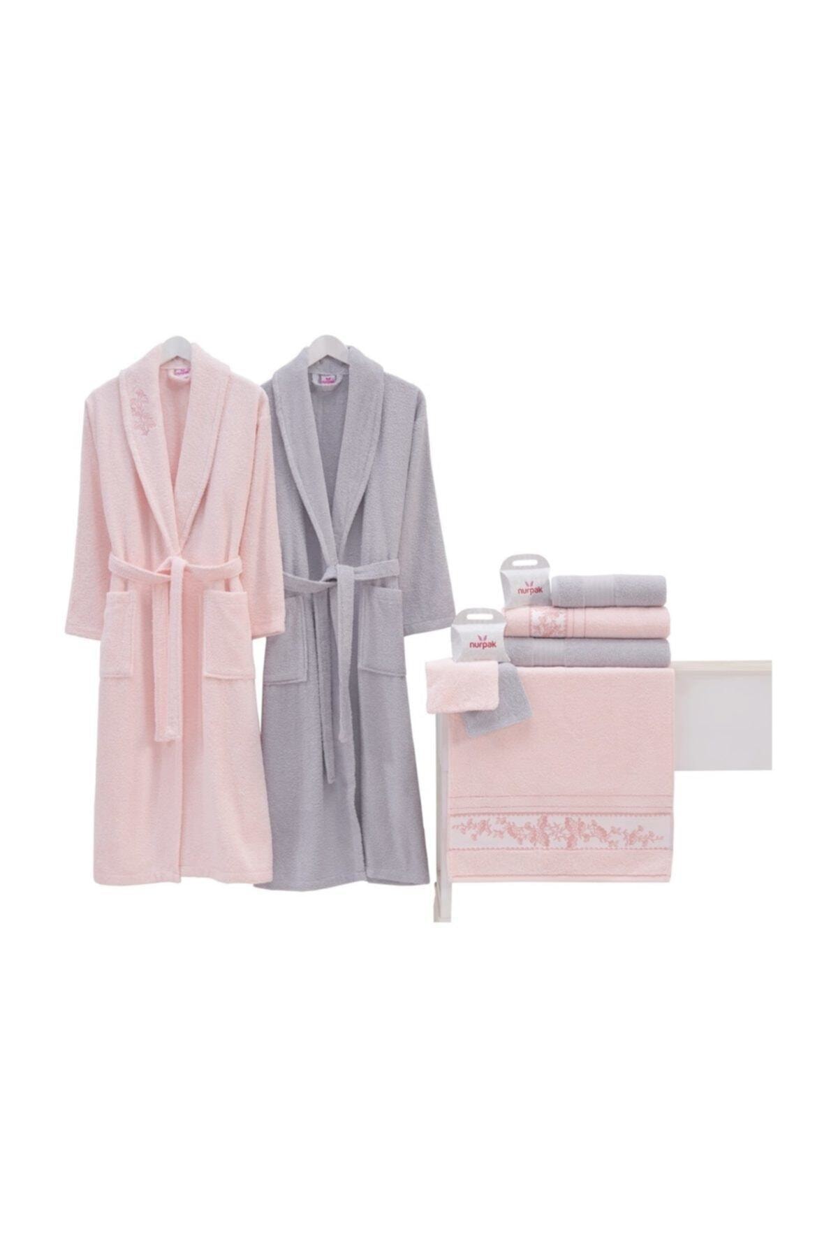 Nurpak Pıtırcık 10 Parça Krem Mürdüm Aile Bornoz Seti