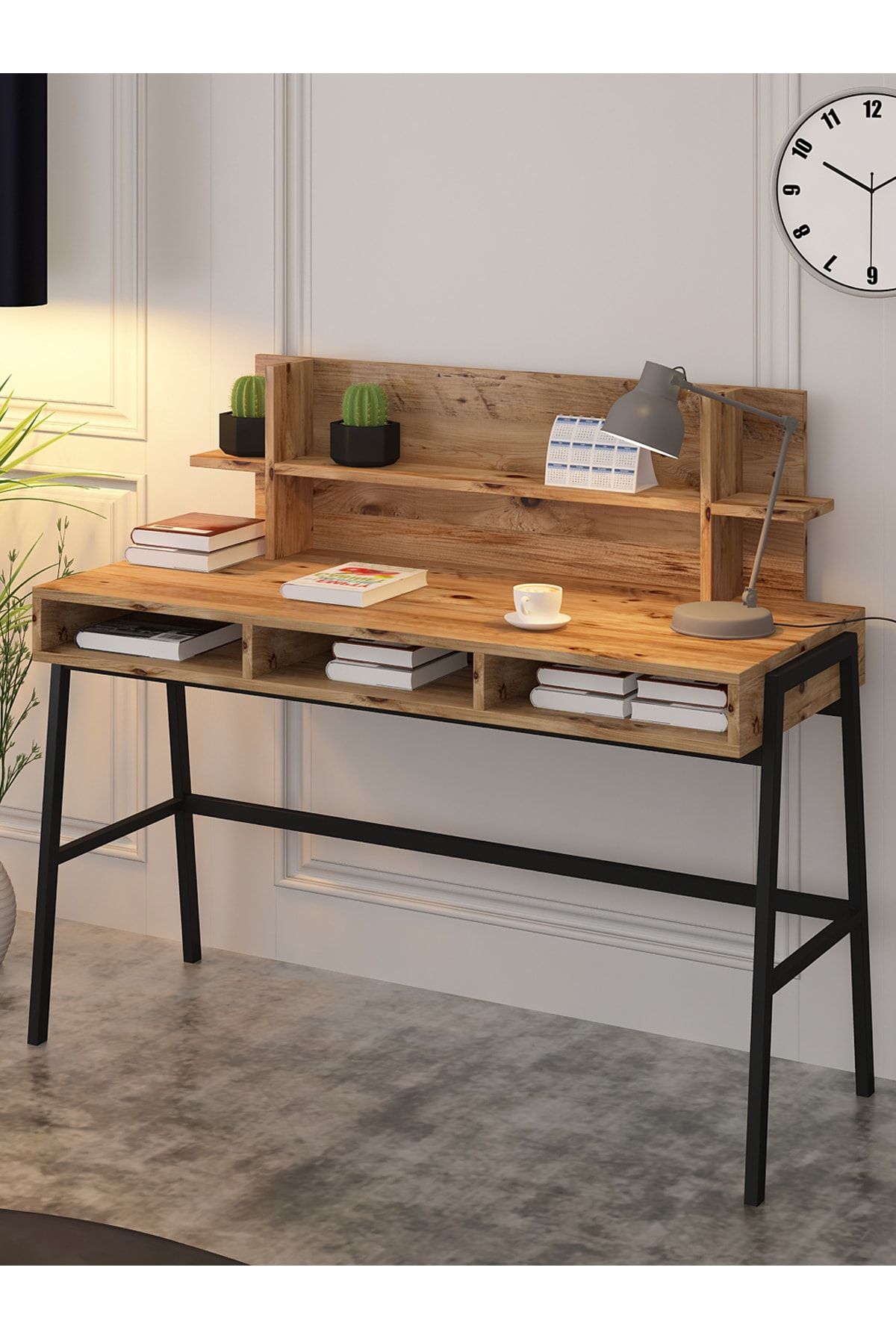 Cool Home Loft Metal Ayaklı Çalışma Masası 120 Cm Atlantik Çam - Raflı Kitaplıklı Modern Çalışma Masası