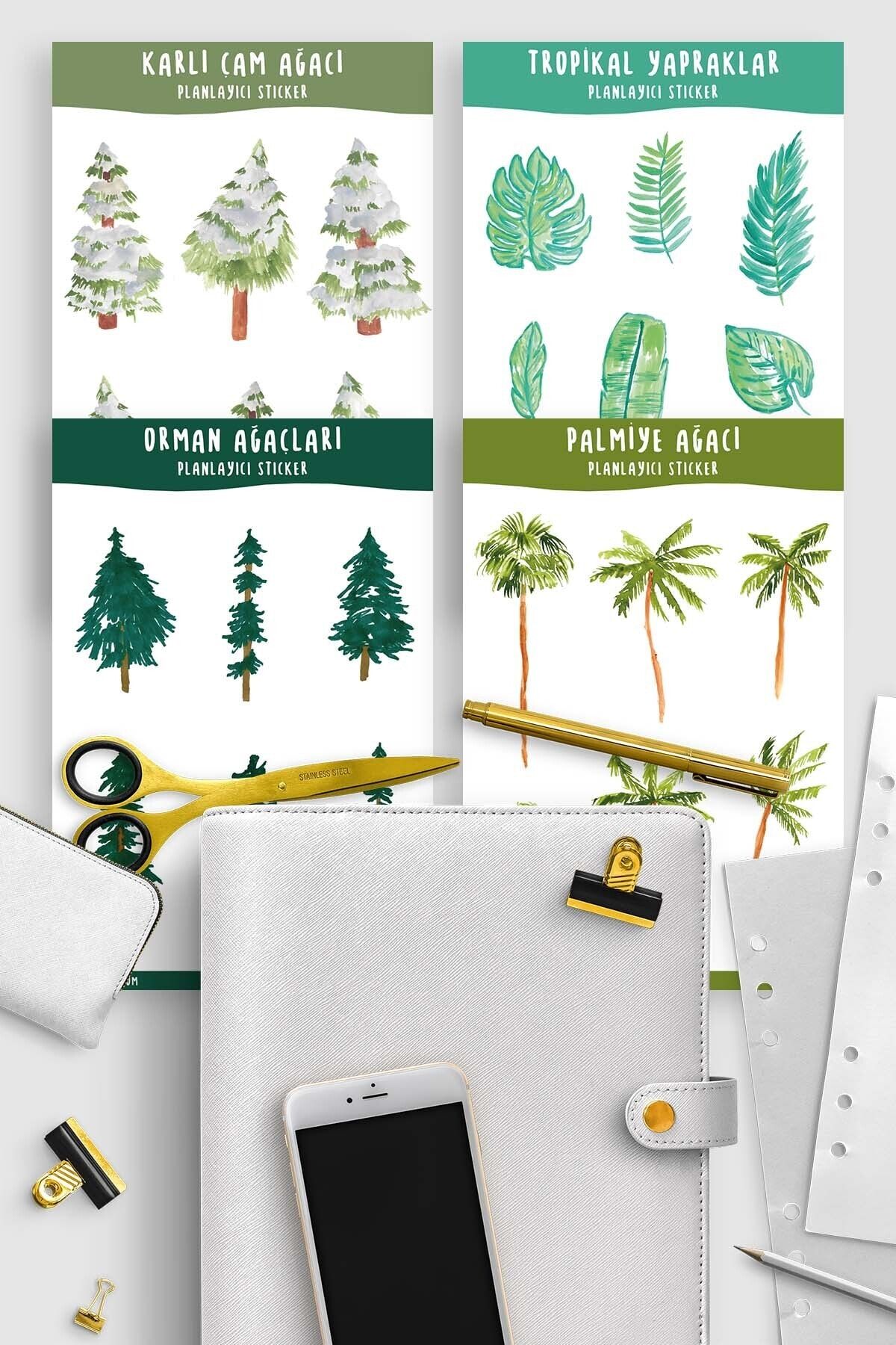 Sticker Cat Sticker Seti, Planlayıcı Çiçek Sticker, Çam Ağacı, Orman Ağaçları, Sticker 4 Adet