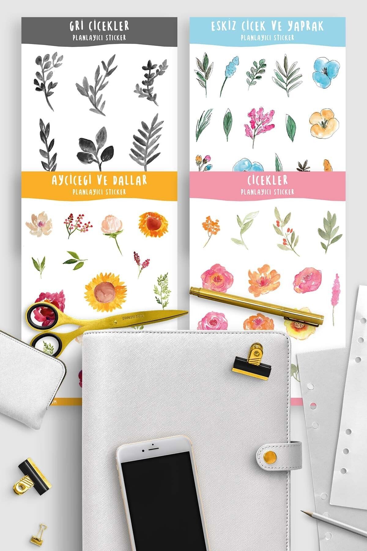 Sticker Cat Sticker Çiçek, Planlayıcı Sticker, Bullut Journal Sticker Set Ayçiçeği, Eskiz Sticker 4 Adet