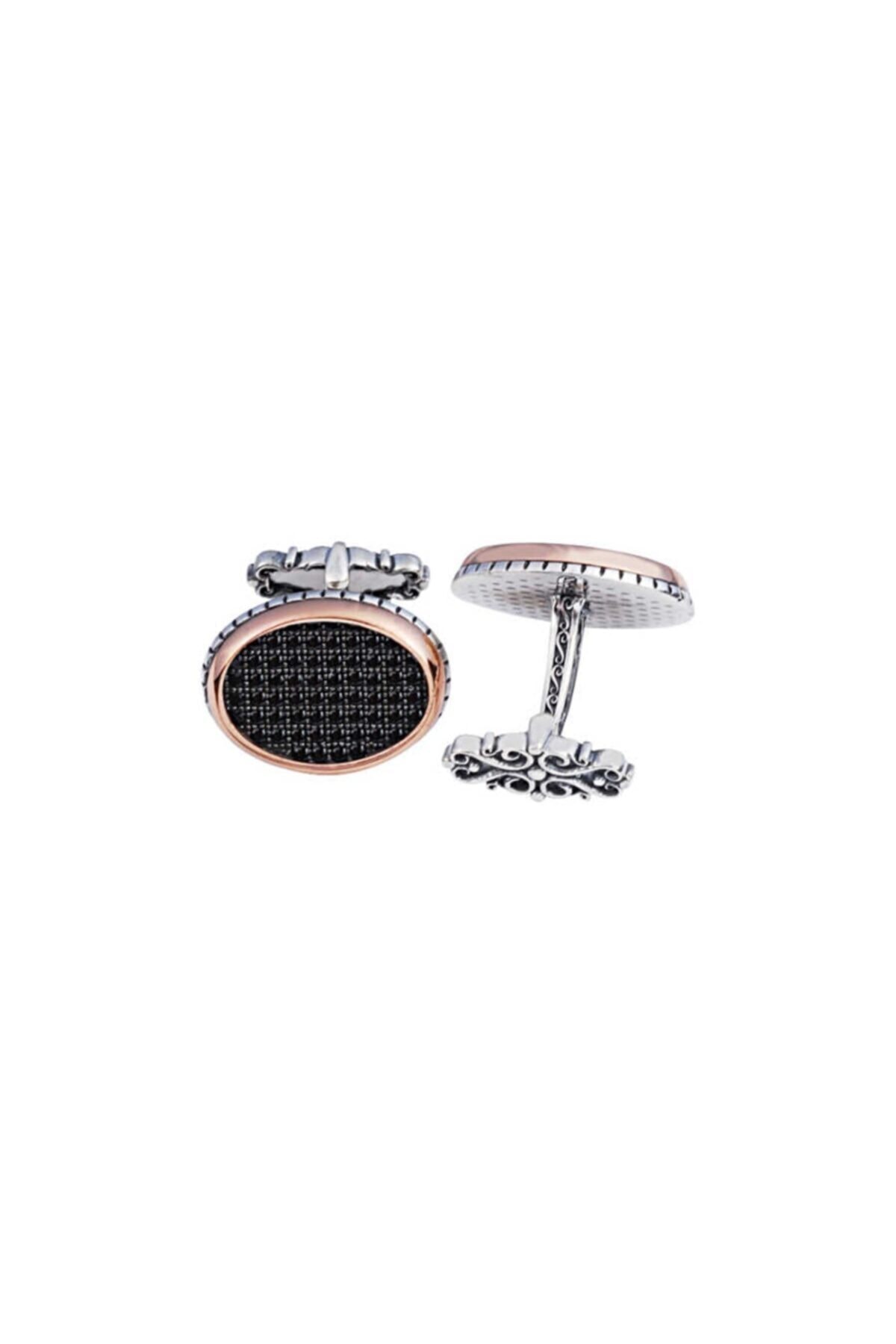 Silverplus Erkek Gümüş Siyah Zirkon Taşlı Oval Tasarım Kol Düğmesi KG2588