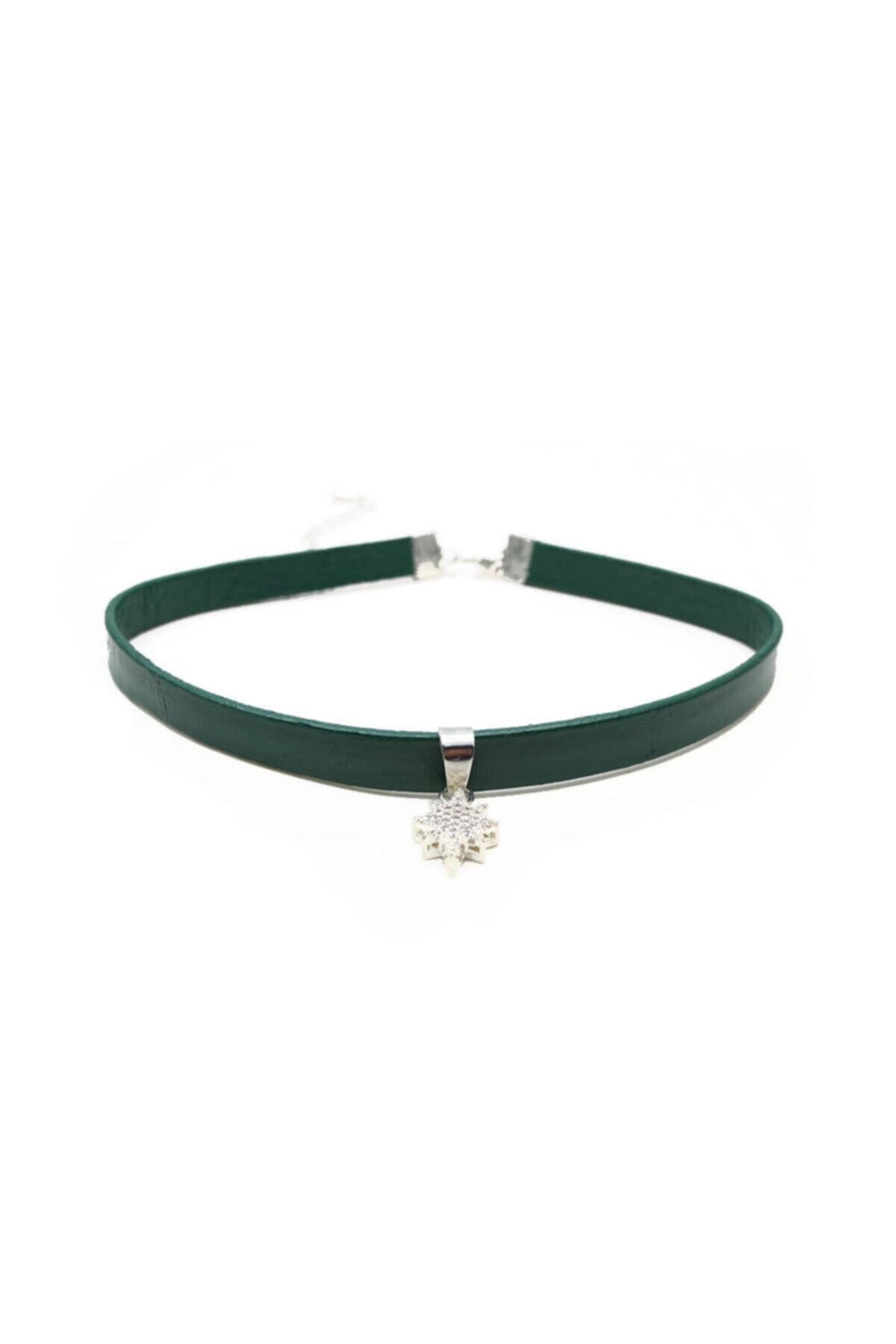 takıperest Yeşil Deri Zirkon Uçlu Tasma Choker Kolye