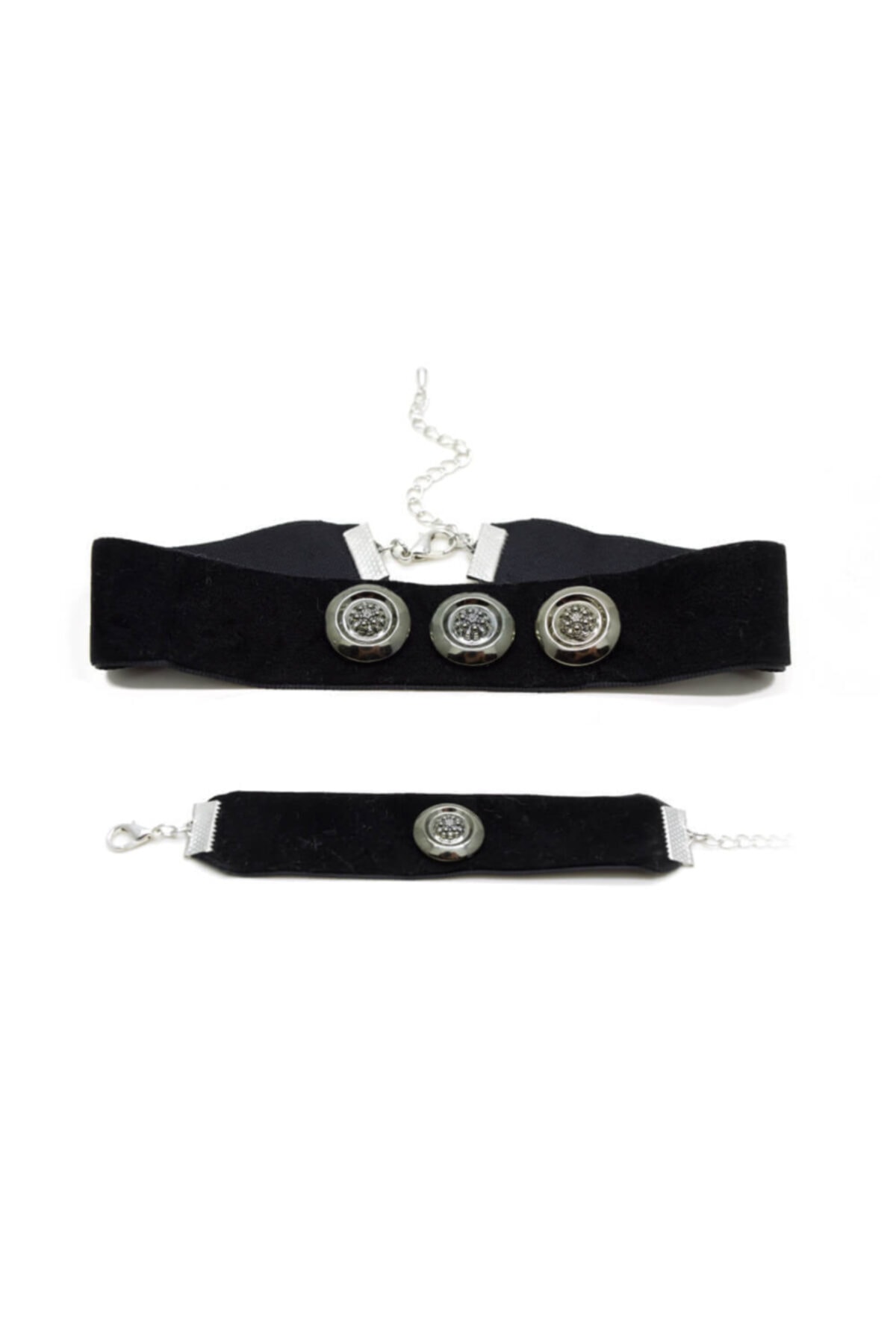 takıperest Siyah Kalın Kadife Üzeri Üçlü Mat Tasarım Choker Tasma Set