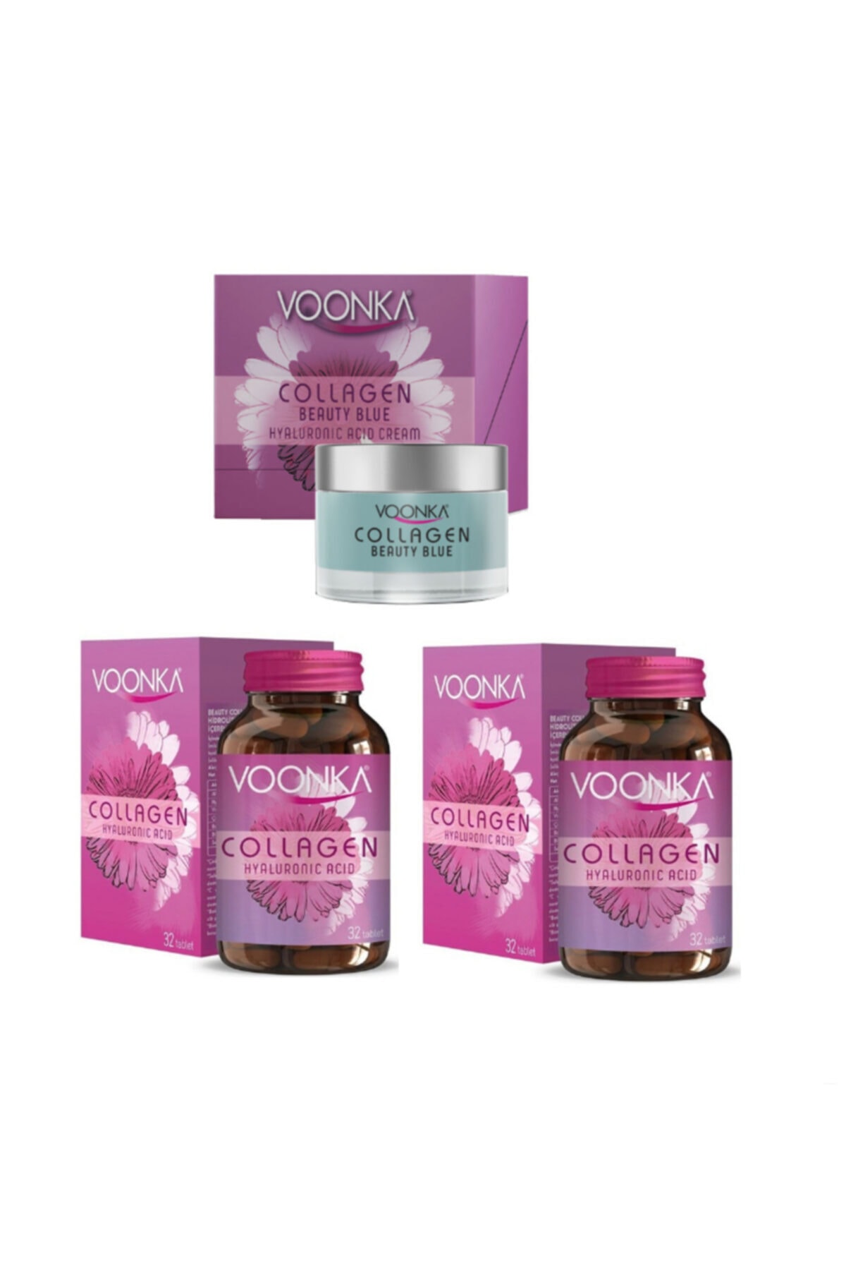 Voonka Collagen Hyaluronic Acid Kolajen 32 Tablet X2 Adet+ Collagen Beauty Blue Hyaluronic Acid Cream 50 Ml