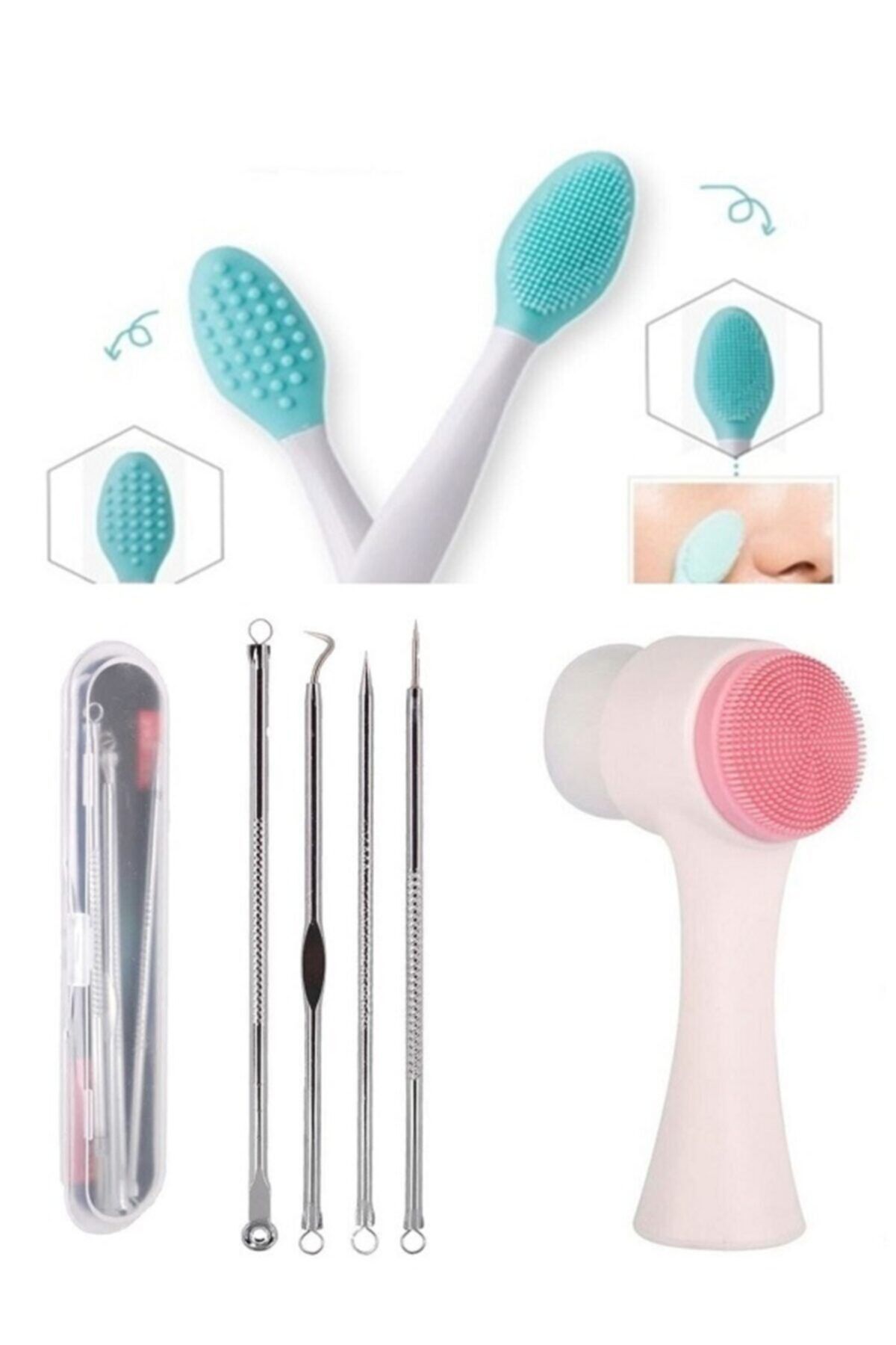 İzla Peeling Fırçası & 4 Parça Kutulu Paslanmaz Çelik Komedon & Çift Taraflı Yüz Temizleme Fırçası