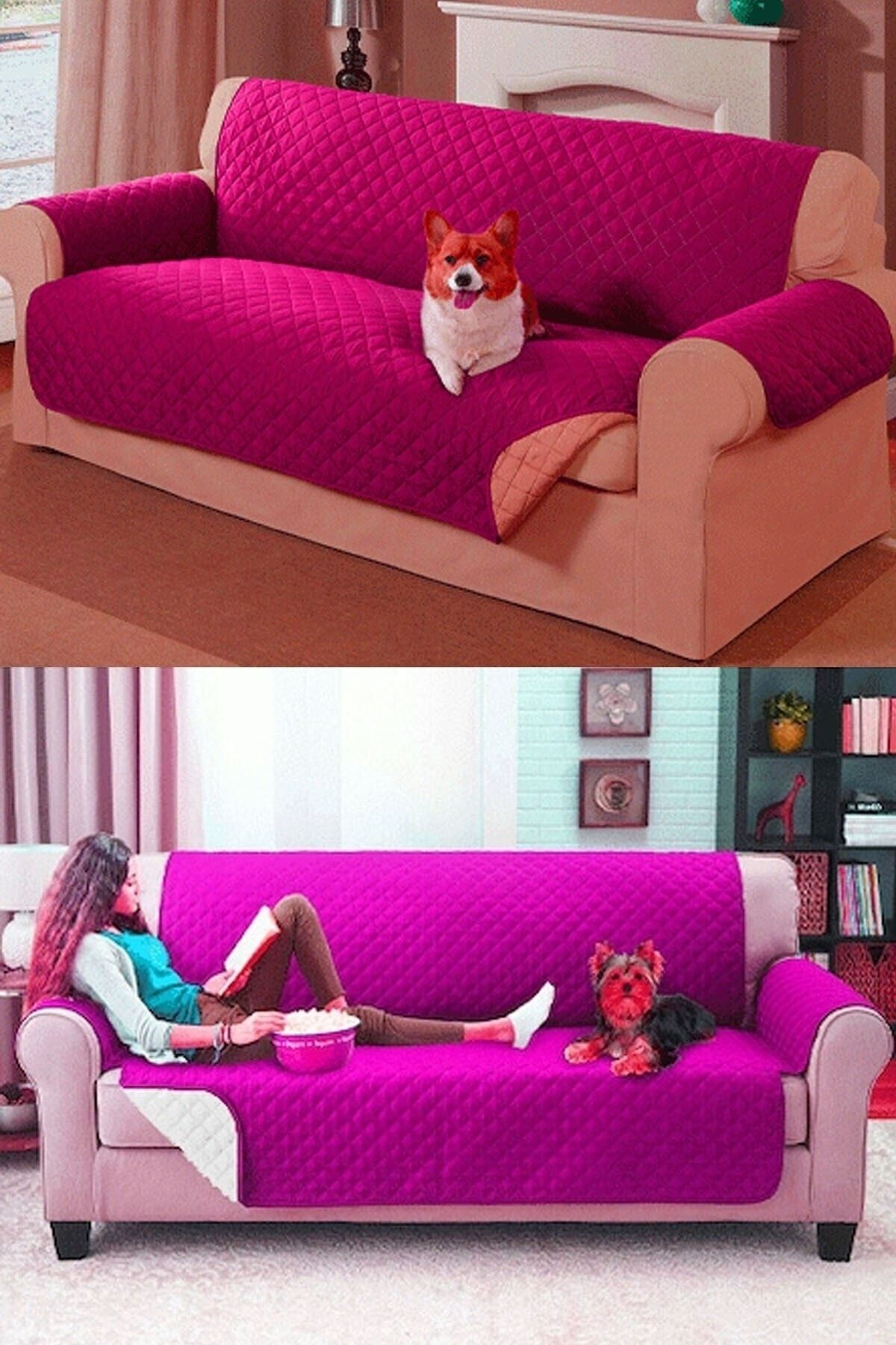 ulbay home collection Çift Taraflı 3 Kişilik Koltuk Örtüsü (fuşya - Beyaz)