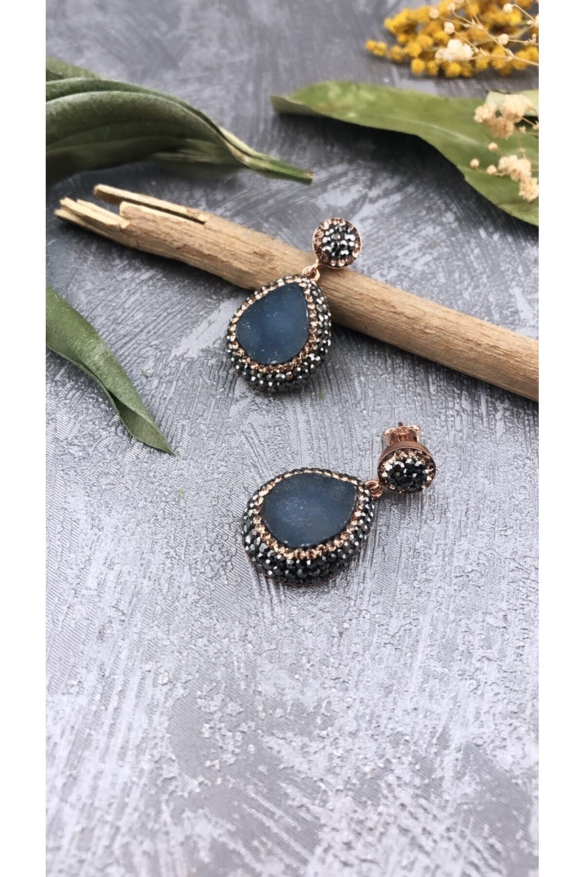Joel Jewelry Kalsedon Taşlı Pembe Altın Kaplamalı Damla Model Gümüş Küpe