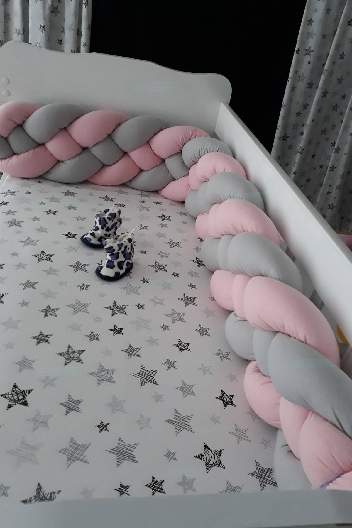 HUZURLUBEBEKLER Gri Örgü Koruma 380 cm Yatak Kenar Koruyucu