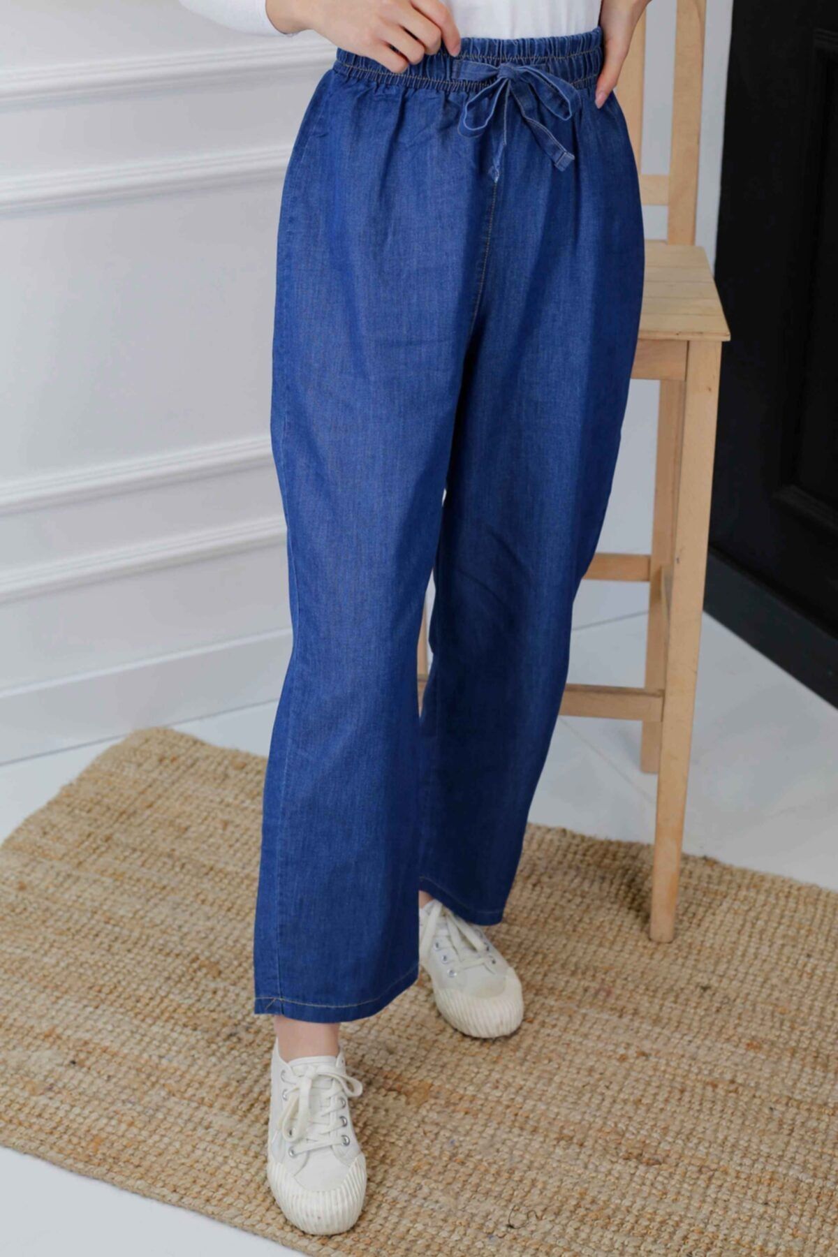 İmajButik Beli Lastikli Bol Paça Kot Pantolon-koyu Mavi