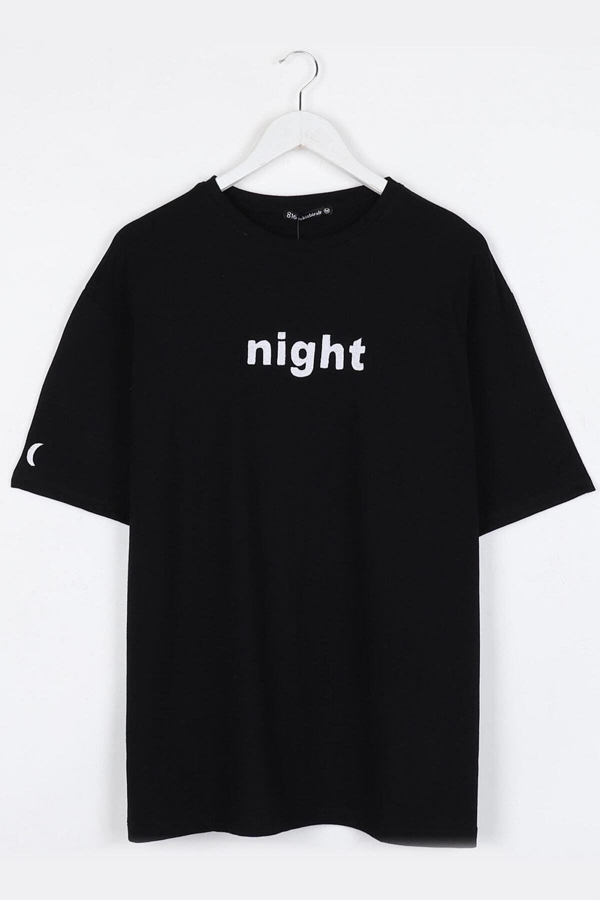 Sekizbiraltı Night Nakışlı Siyah Oversize Unisex Tshirt