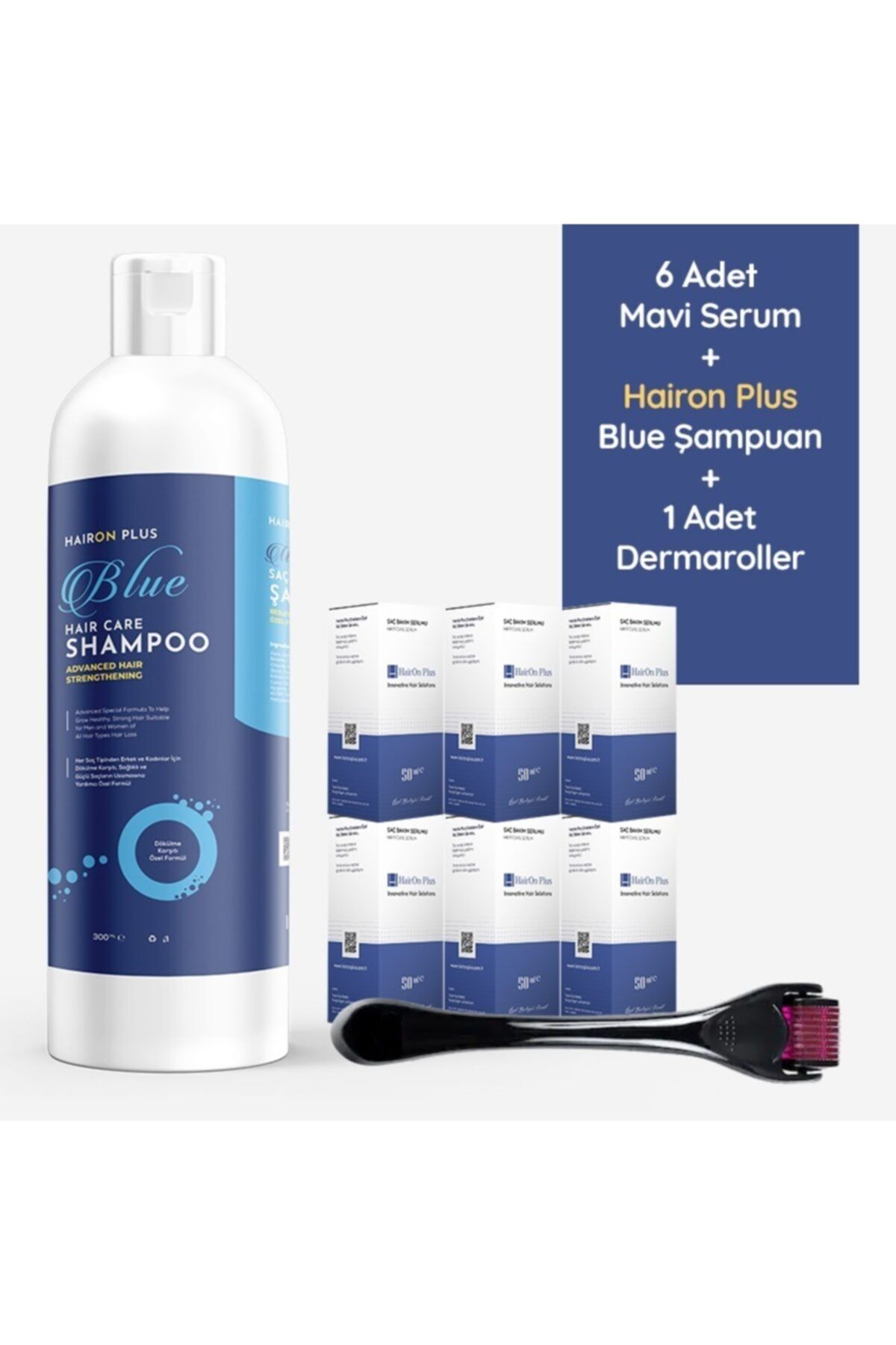 Hairon plus 6 Mavi Serum 50 ml Mavi Şampuan 300 ml Dermaroller