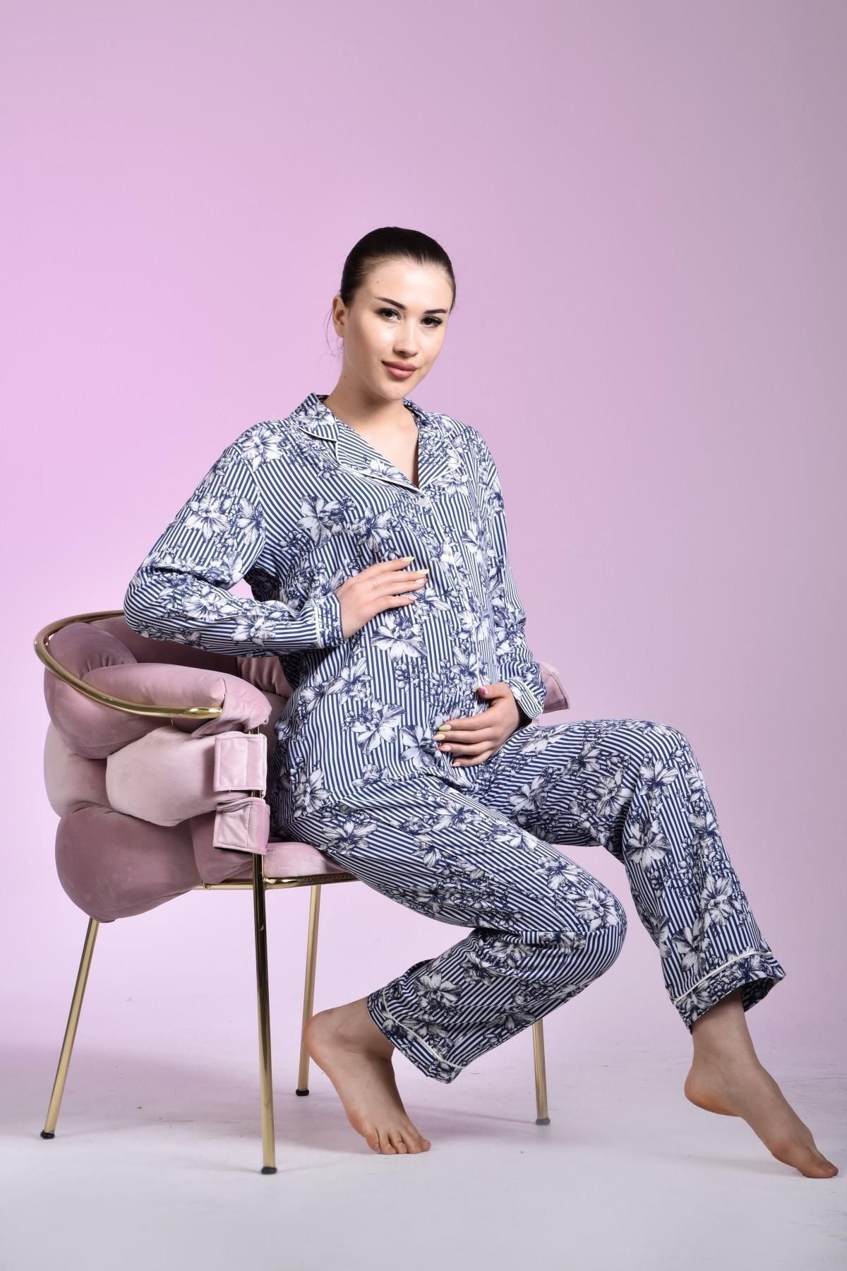 LİKAPA Viskon Çizgili Önden Düğmeli Hamile Lohusa Uzun Kol Pijama Takımı