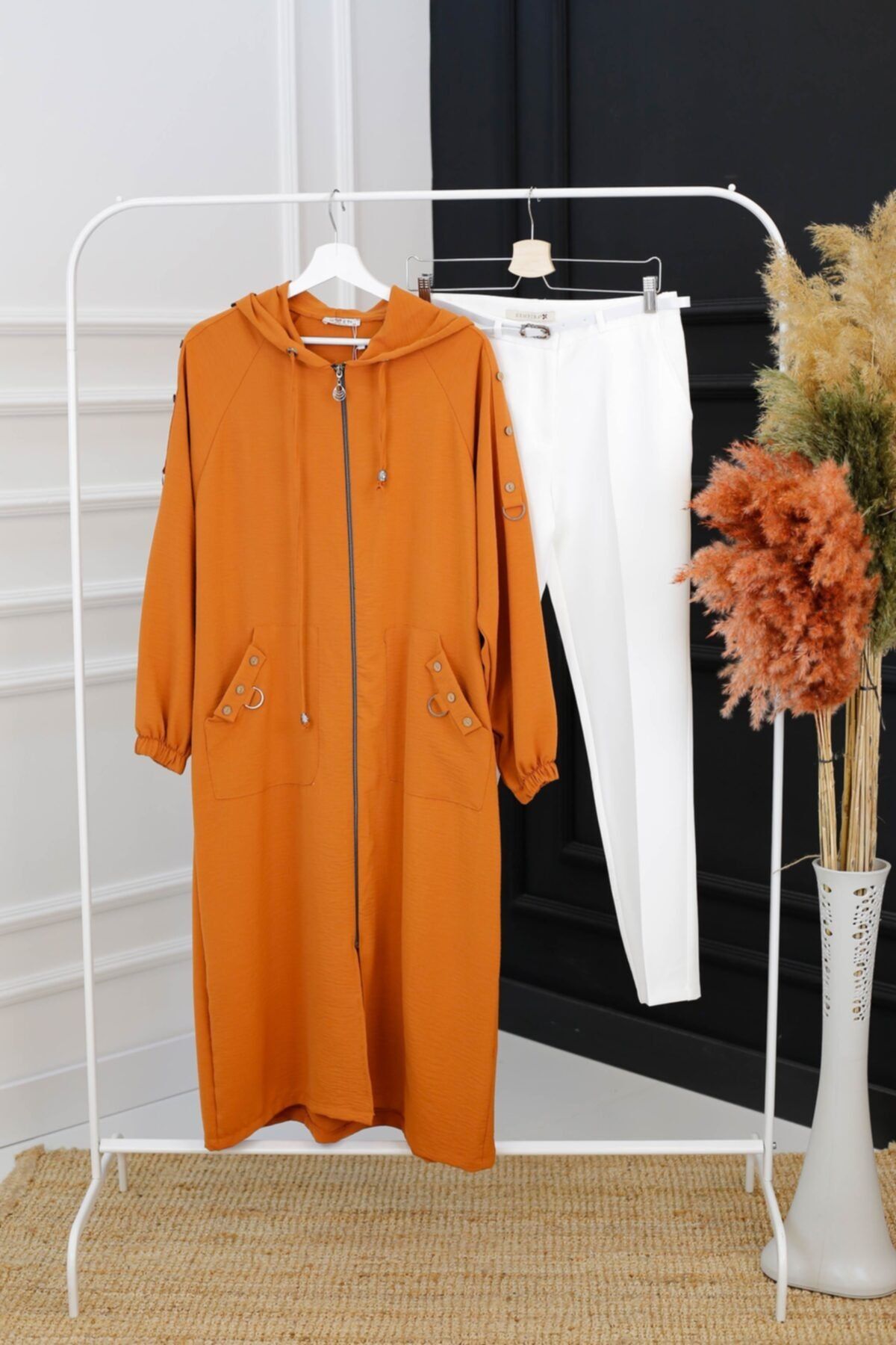İmajButik Kadın Kiremit Büyük Beden Düğme Detaylı Tesettür Kap