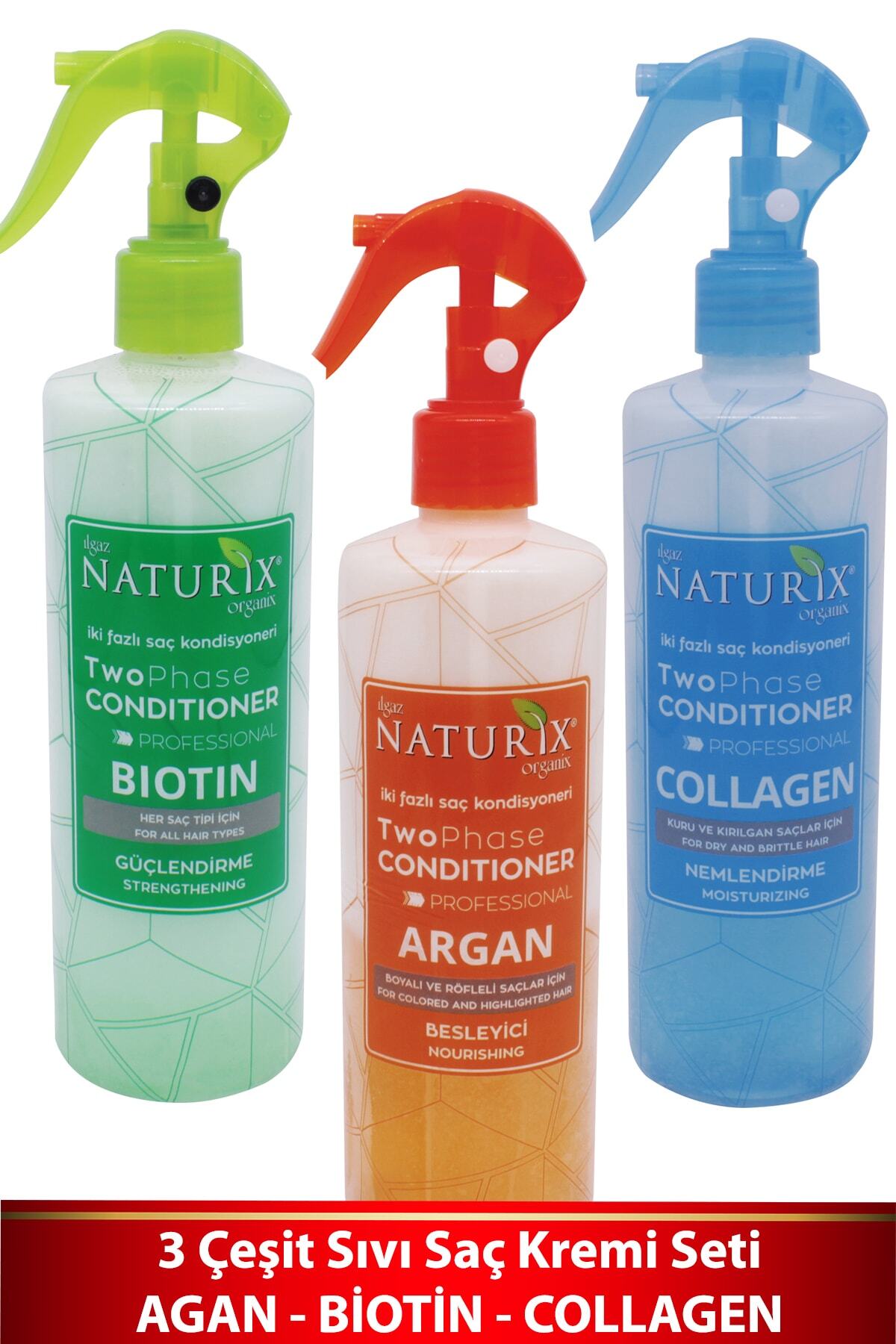 Naturix 3'lü Bitkisel Sıvı Saç Kremi Seti Kolay Tarama Saç Kondisyoneri Argan - Biotin - Collagen Fön Suyu