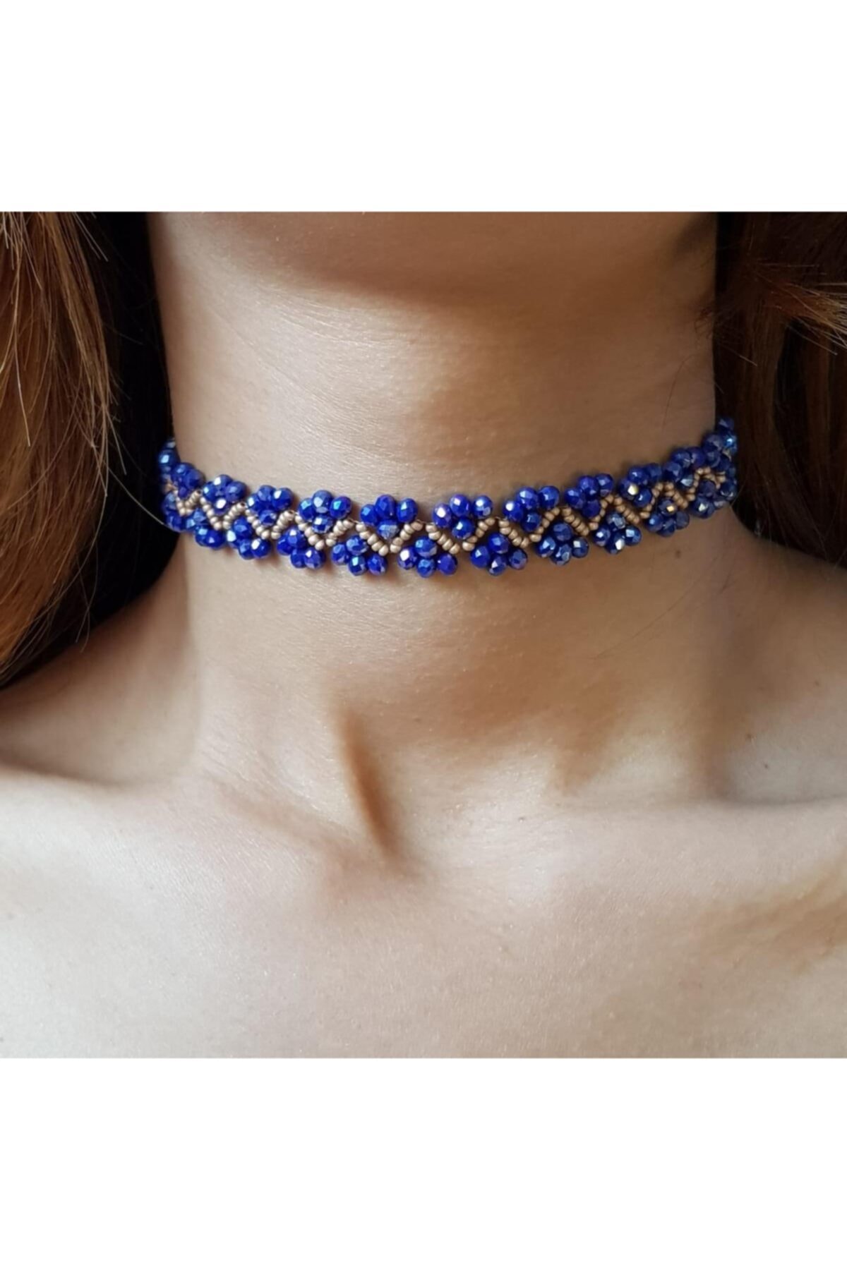 Handmade By HLY Kadın Mavi El Yapımı Kristal Taş Detaylı Geçişli Choker Kolye