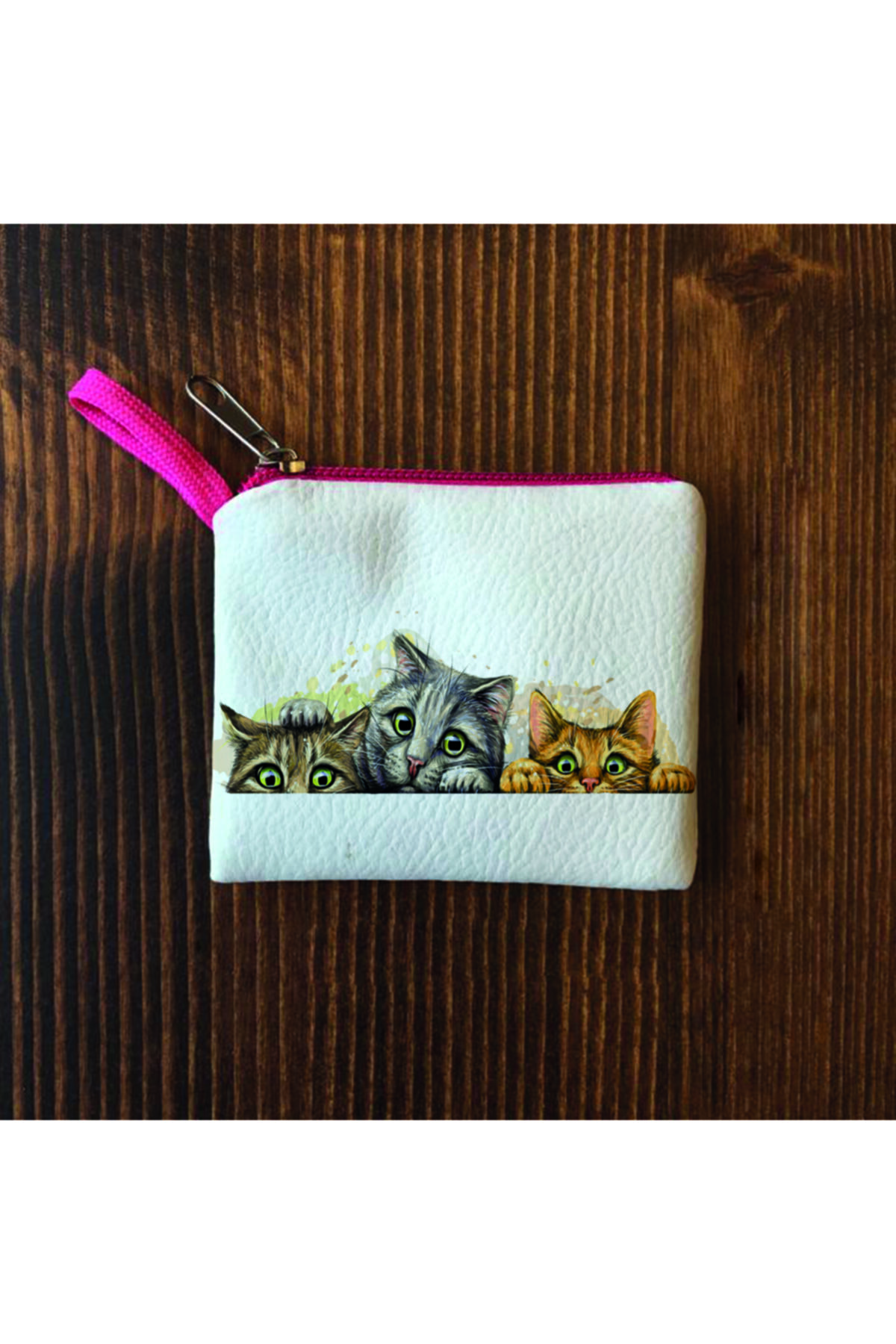 Filemo tasarım Kadın Beyaz Kedili Mini Bozuk Para Cüzdanı