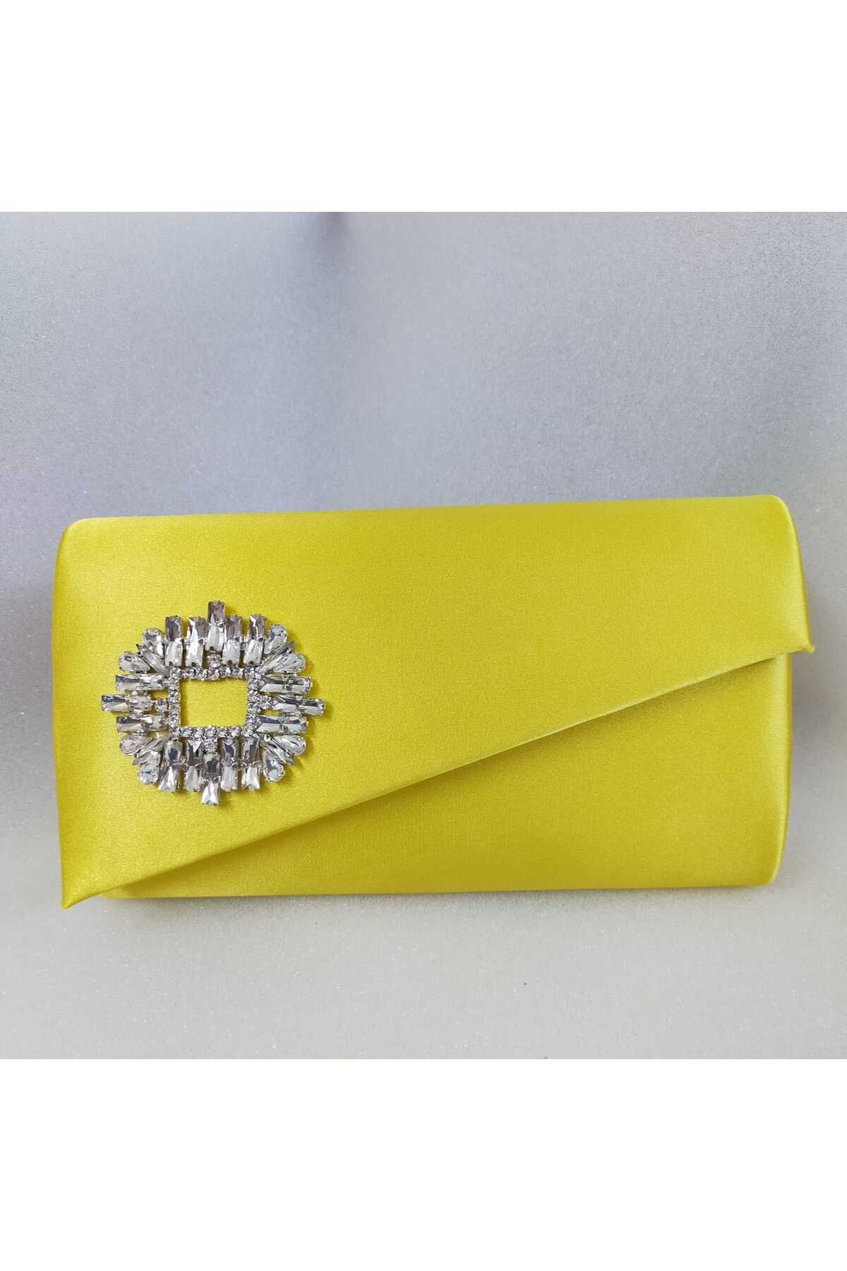 bsc Bright Yellow Satin Stone Evening Bag Trendyol