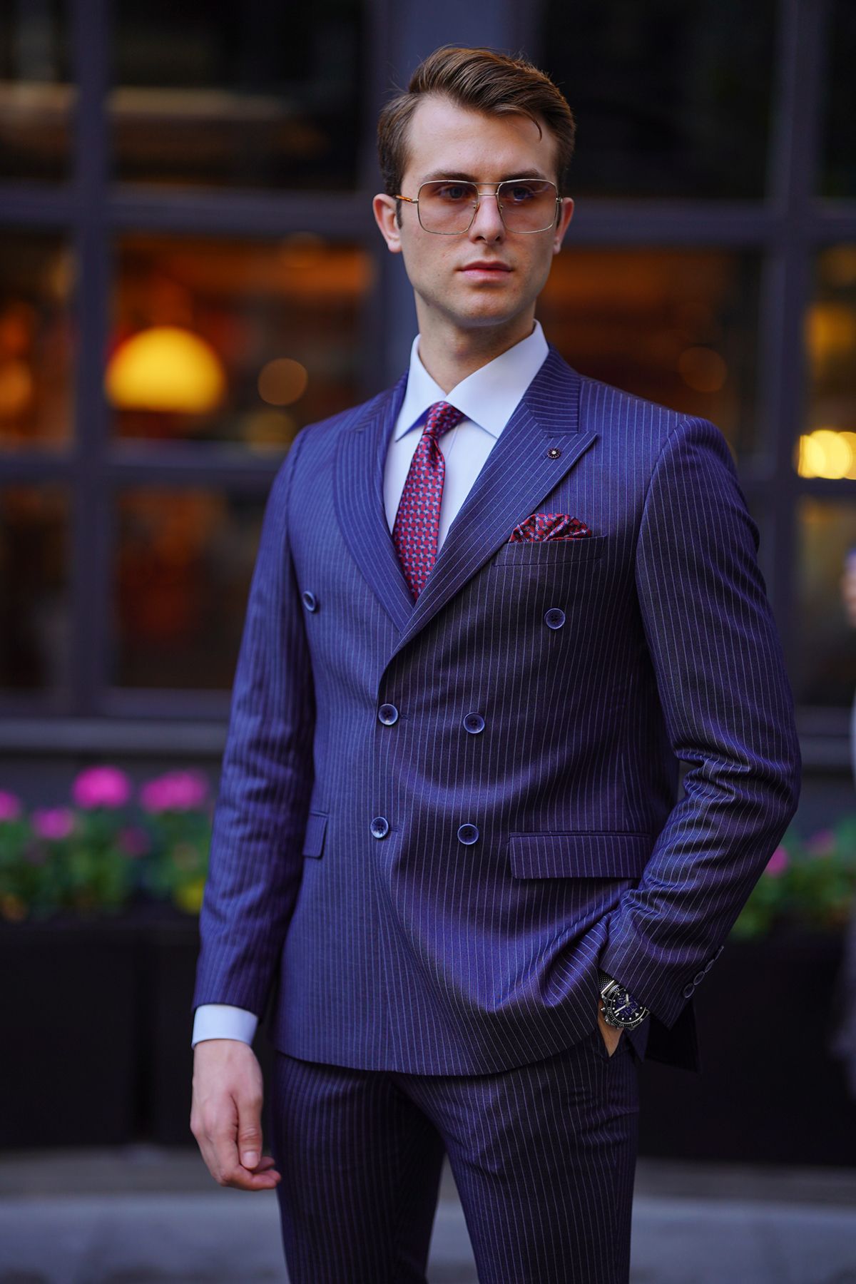 Navy blue outlet and purple suit