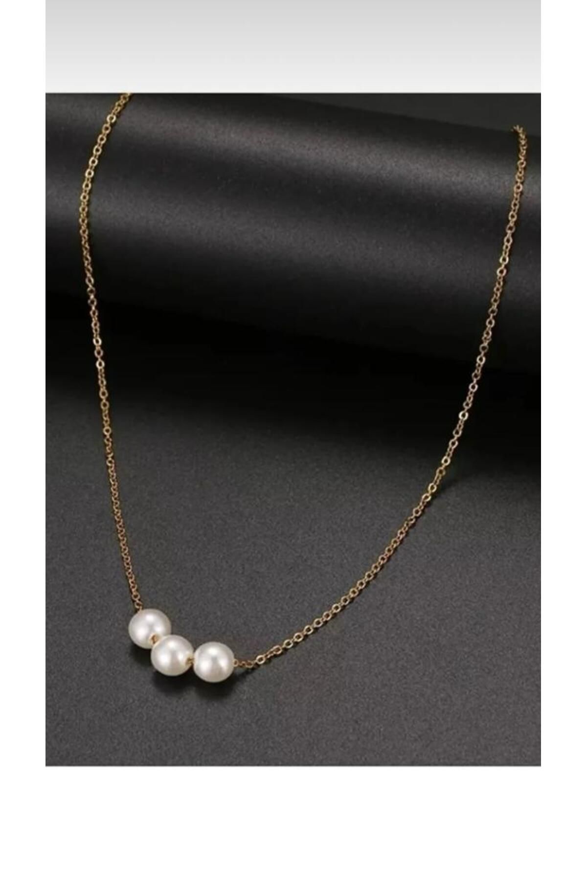 su tak aksesuar Women s Gold Color Minimal Triple Pearl Necklace